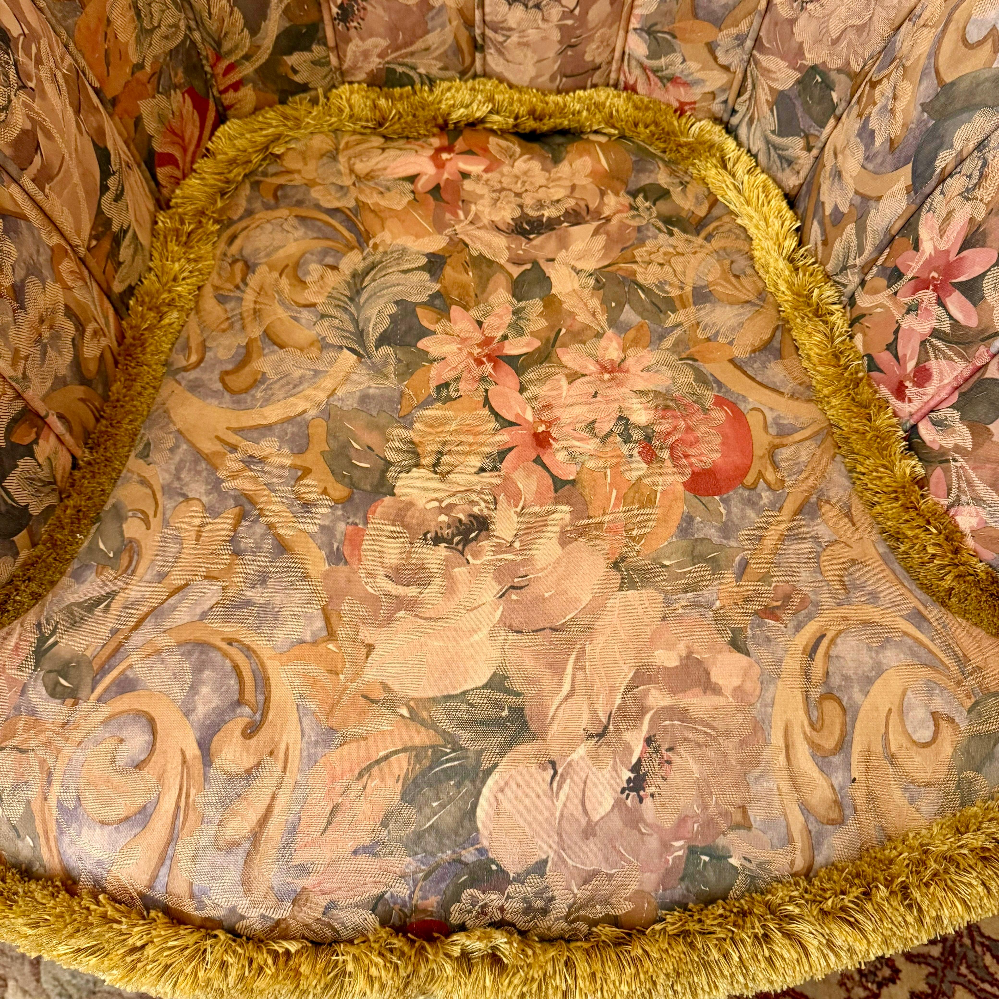 Vintage Floral Lounge Chair with Fringe Detailing