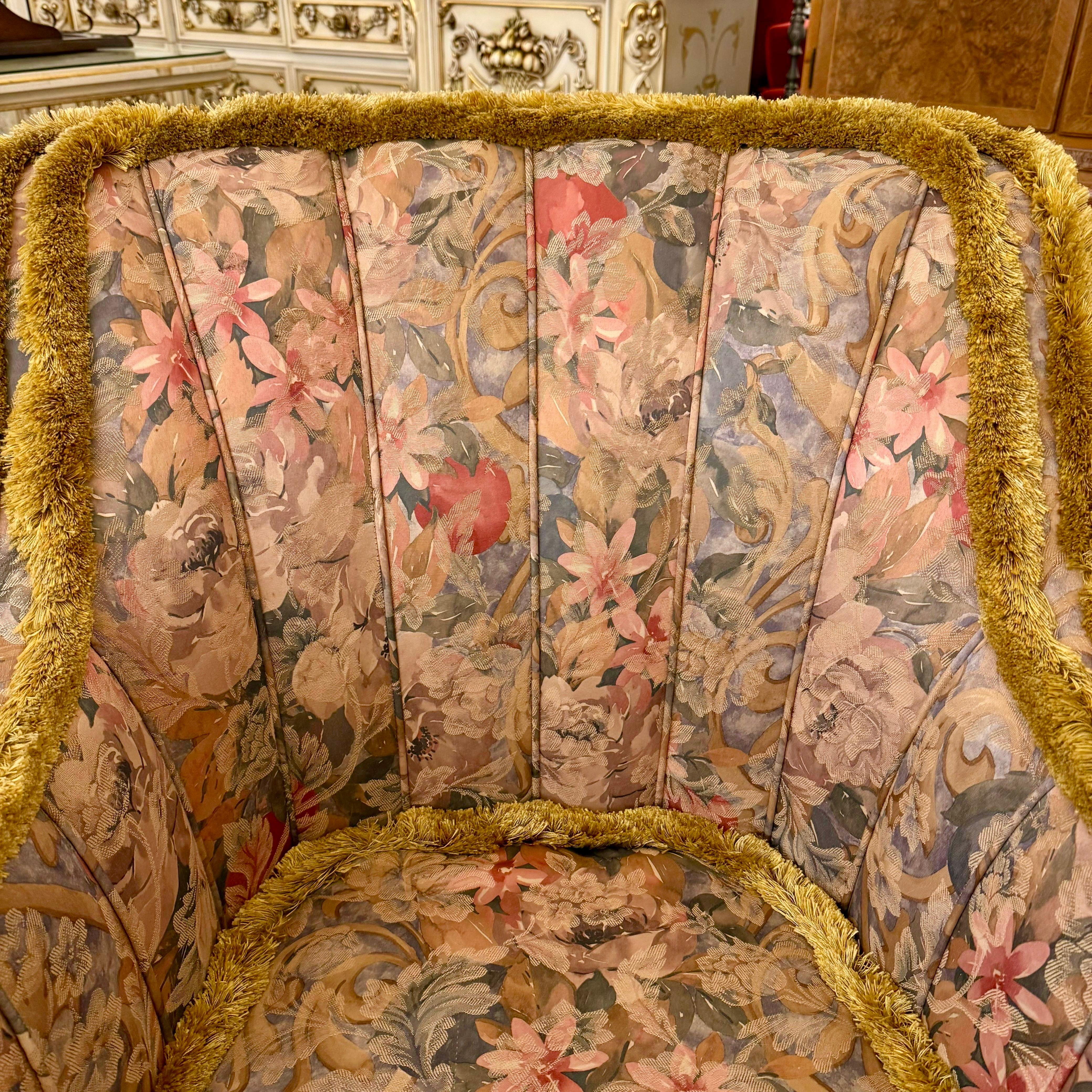 Vintage Floral Lounge Chair with Fringe Detailing