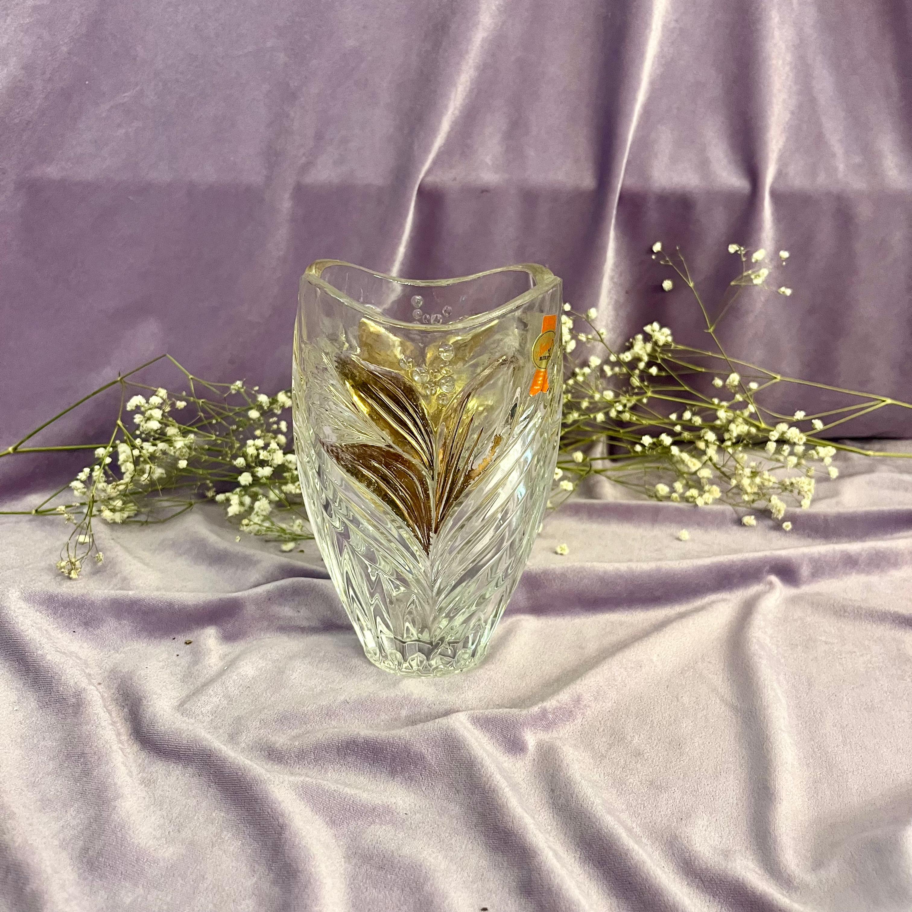 Bohemian Cut Crystal Vase with Gilded Leaf Motif