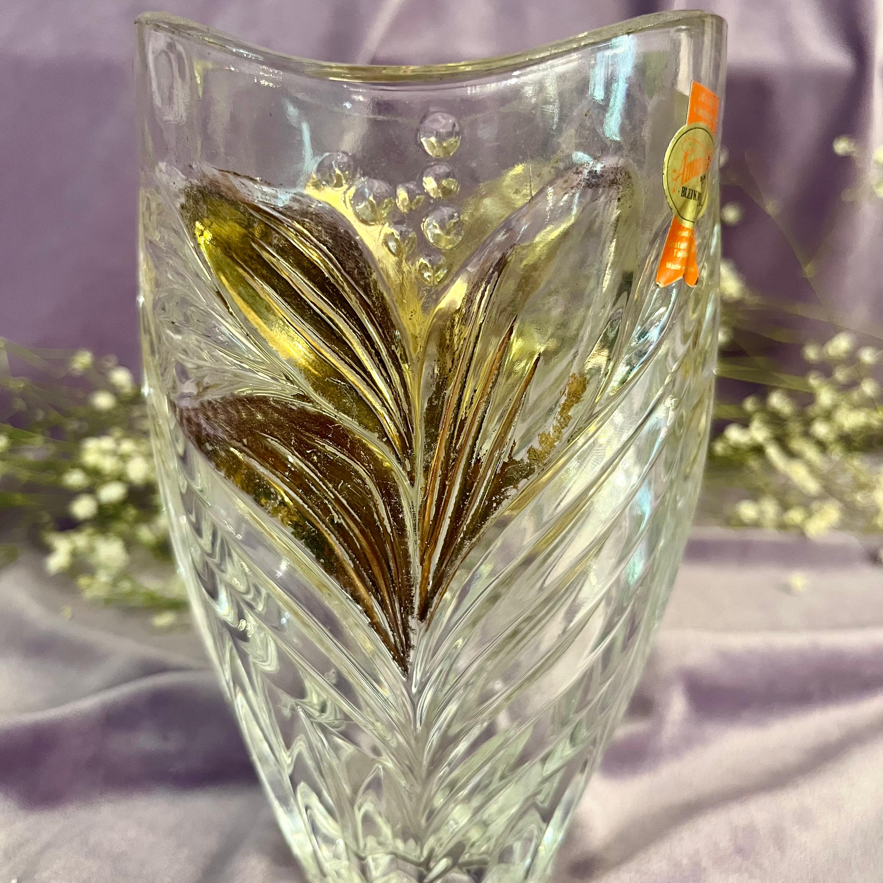 Bohemian Cut Crystal Vase with Gilded Leaf Motif