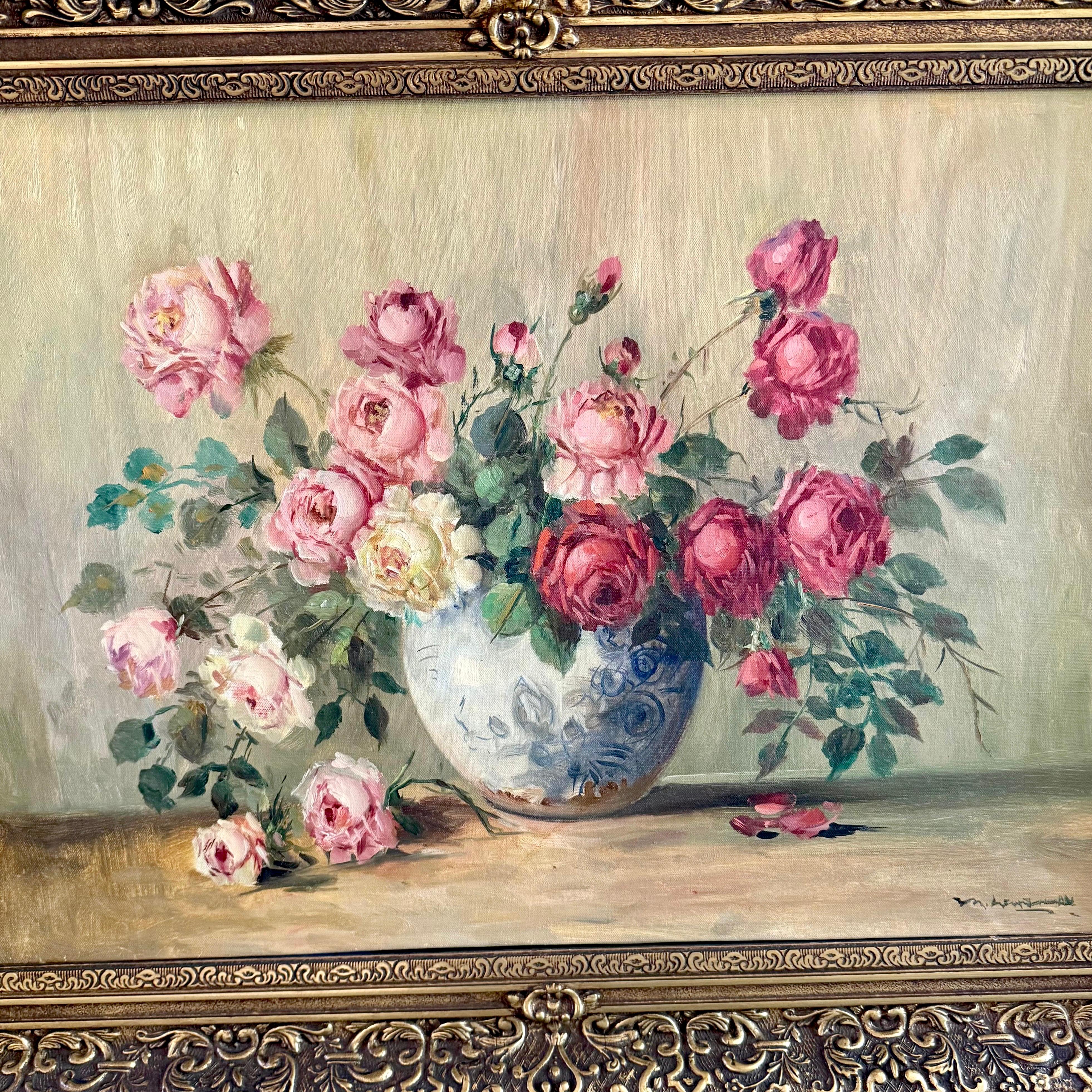 Romantic Still-Life Oil Painting in Ornate Gilt Frame