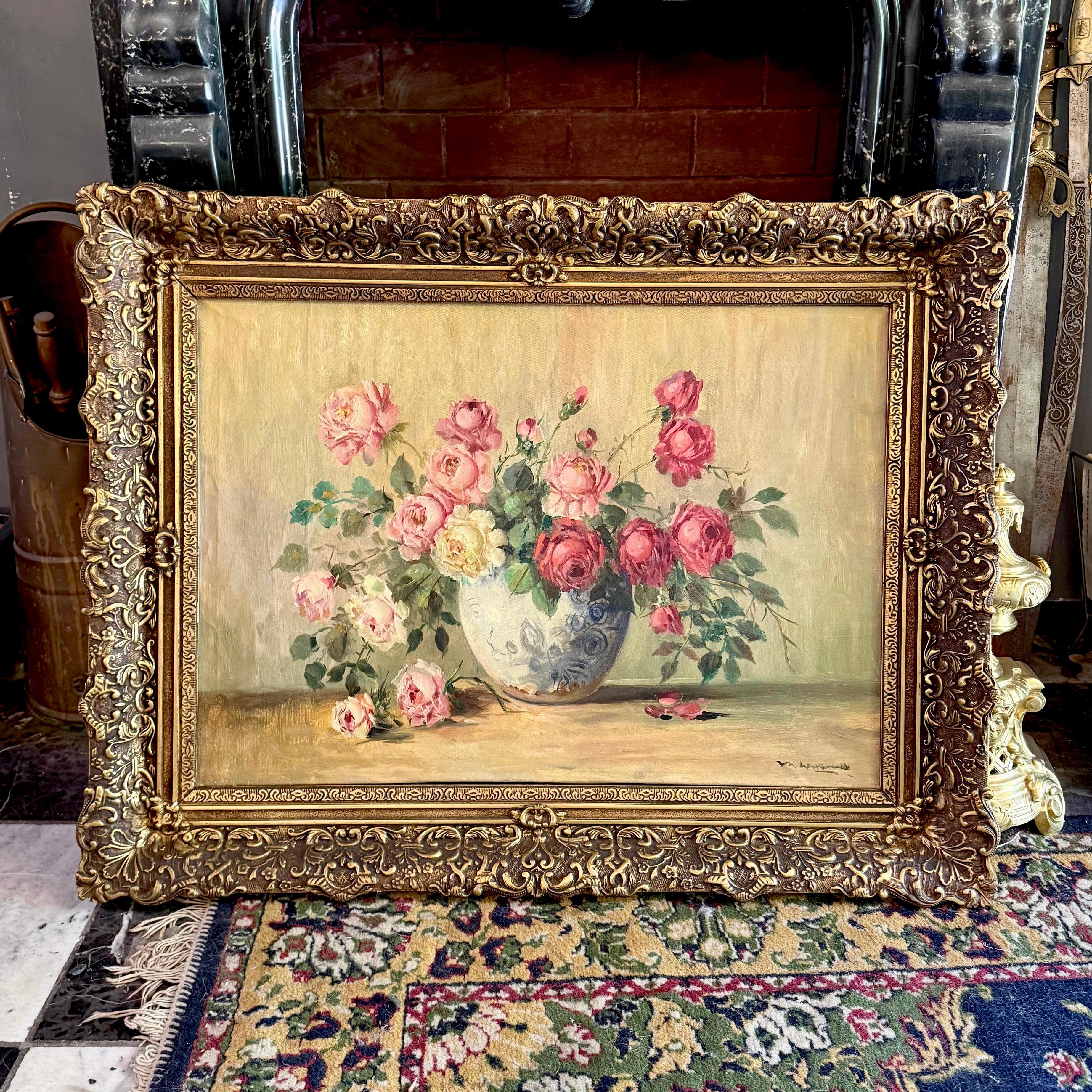 Romantic Still-Life Oil Painting in Ornate Gilt Frame