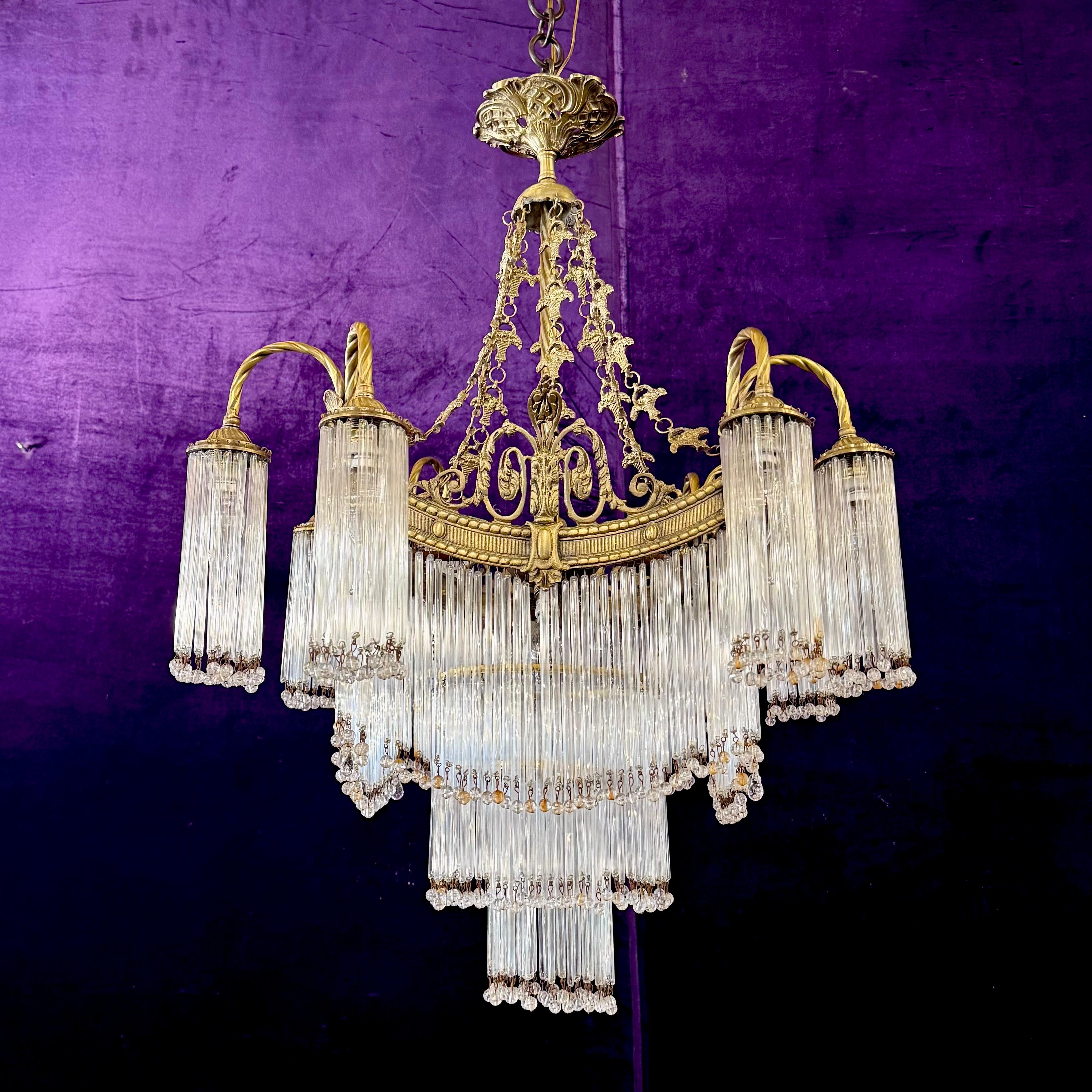 Large Tiered Brass and Glass Fringe Chandelier, c. 1910s–1920s