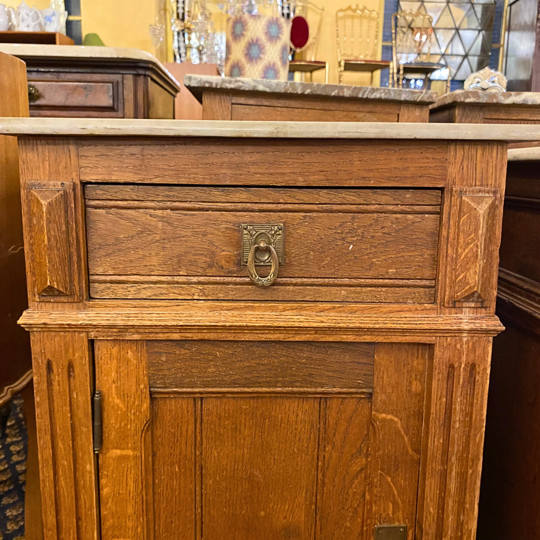 Antique Oak Bedside Pedestals with White Marble Top - SOLD