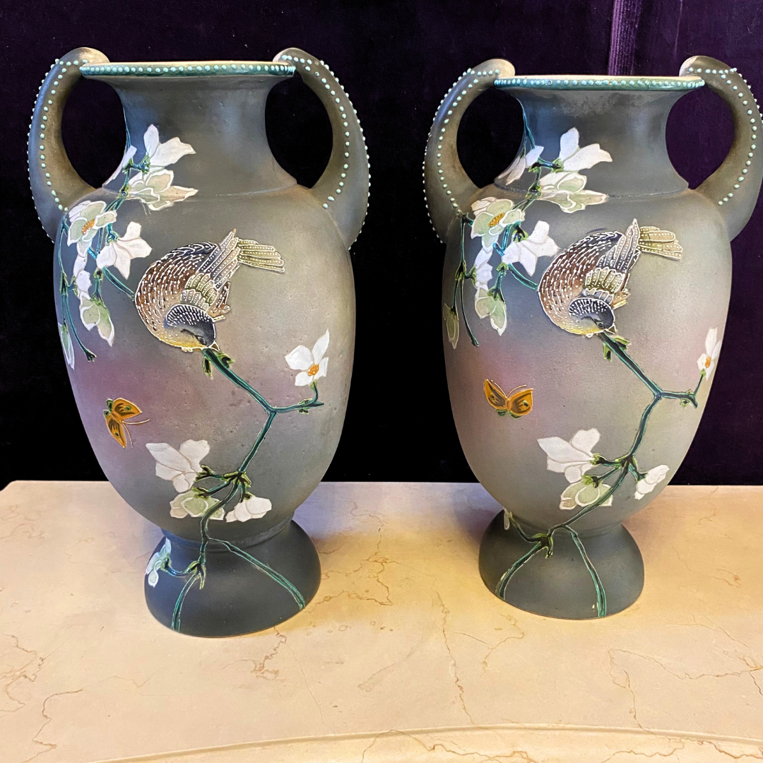 Pretty Pair of Hand Painted Pottery Vases - SOLD