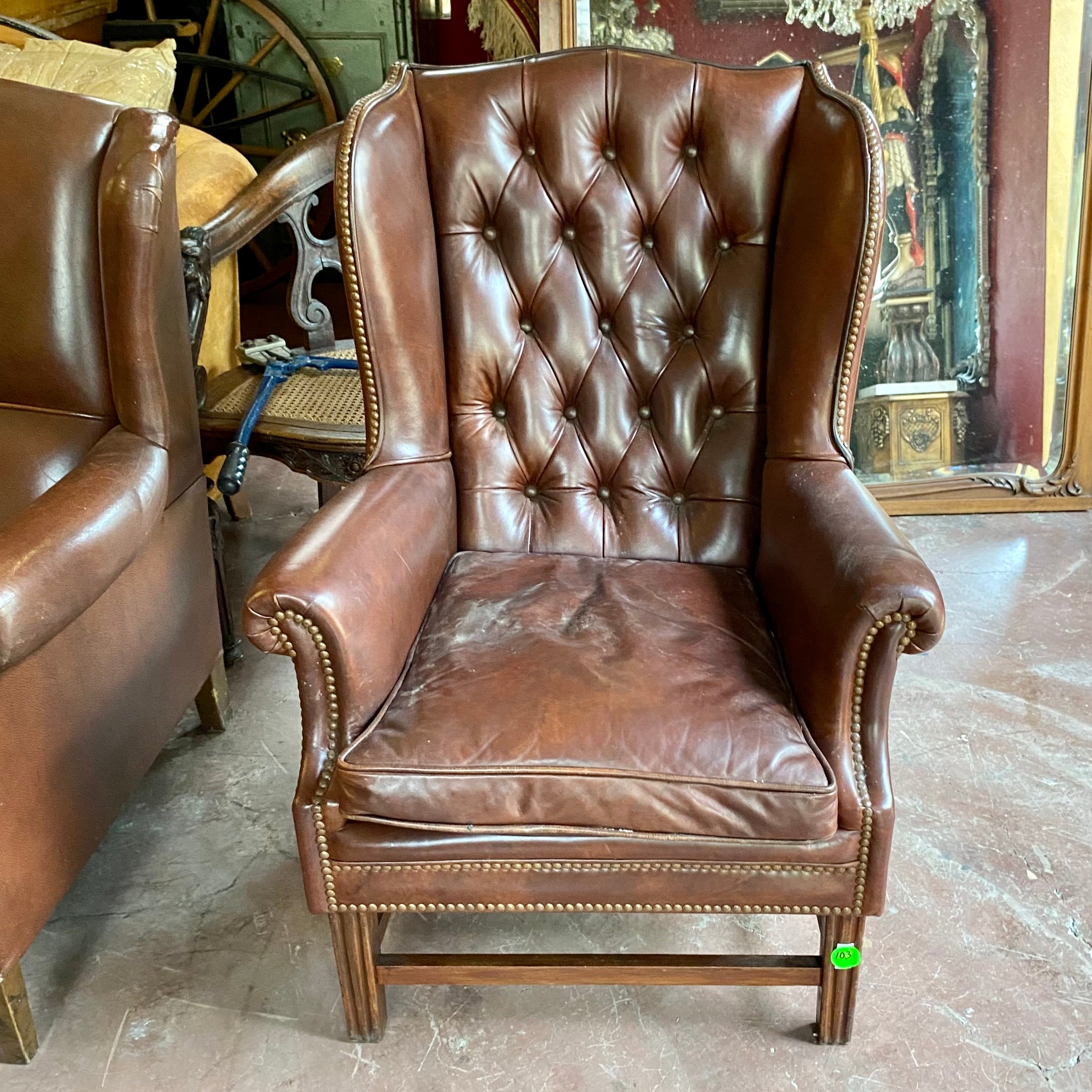 Dark Leather Chesterfield Wingback Armchair - SOLD