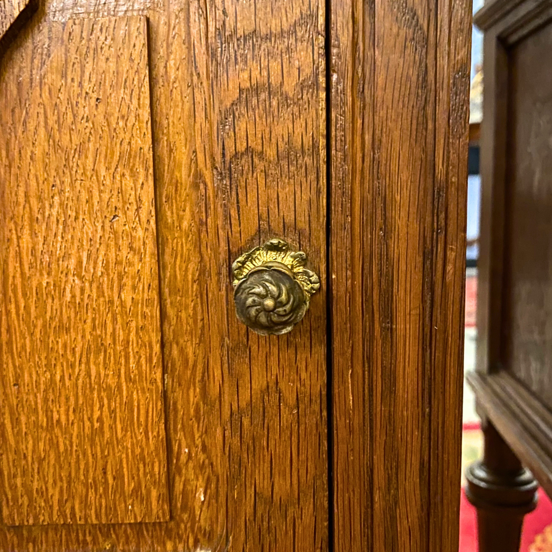 Antique Carved Oak Bedside Pedestals with White Marble Top - SOLD