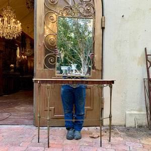 Antique Brass Mirror and Console with Wood Detailing