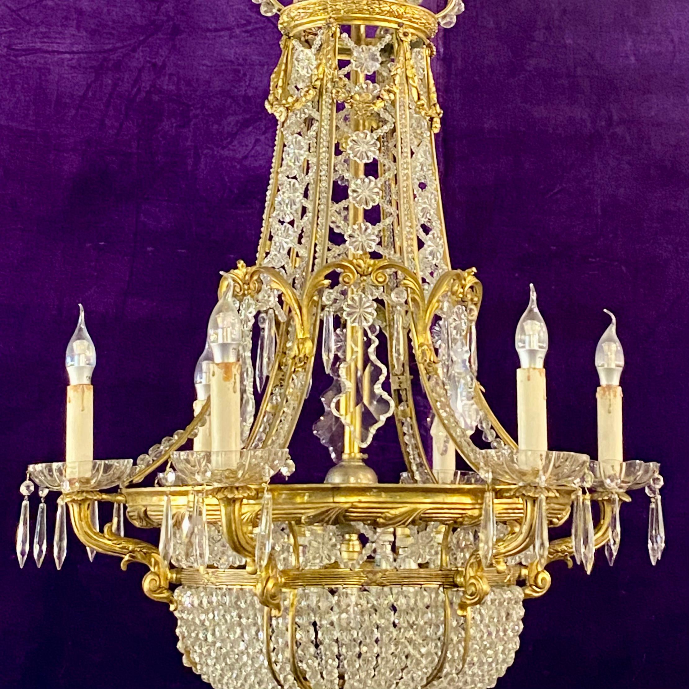 Very Rare Gilt Brass & Crystal Neoclassical Chandelier