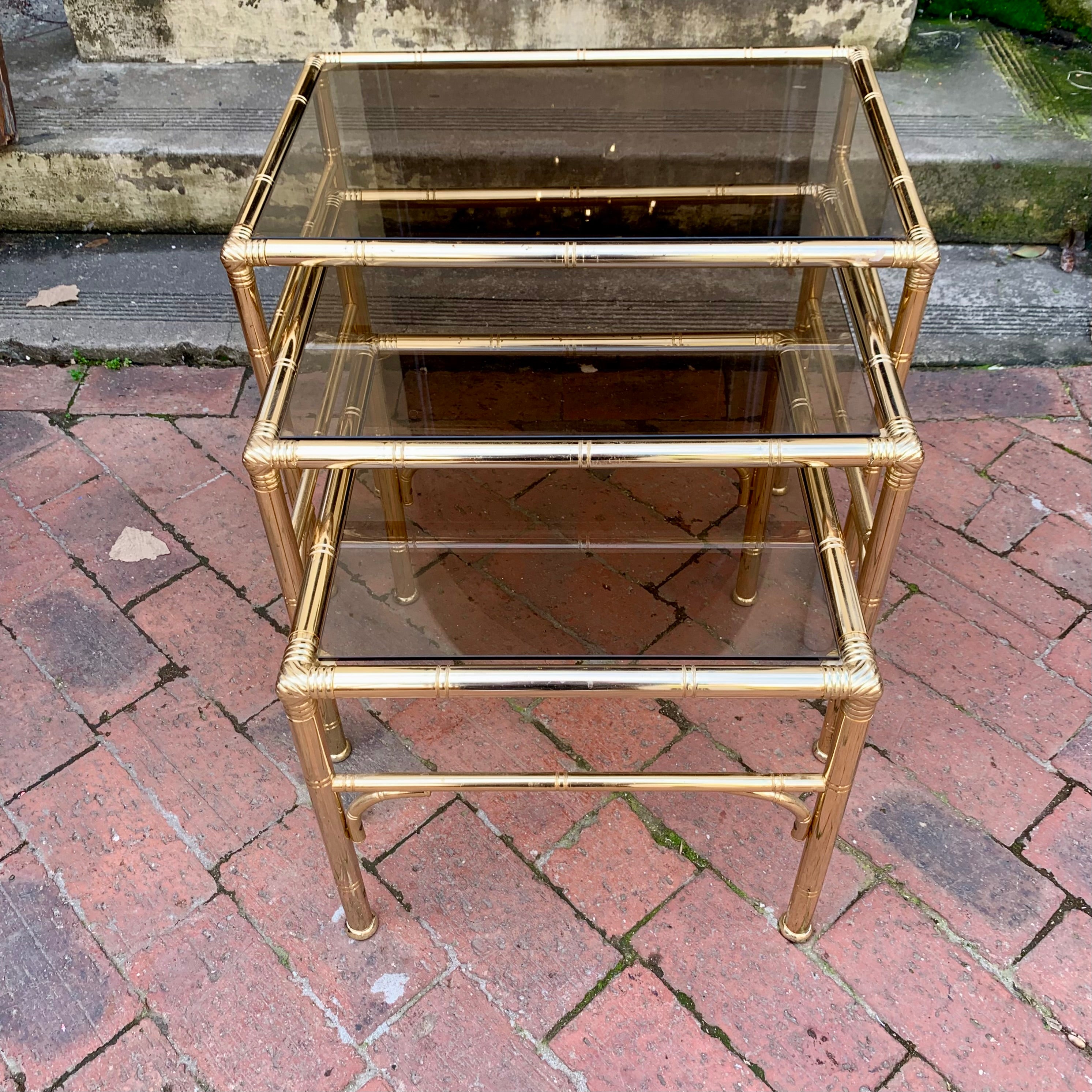 Vintage Brass and Smokey Glass Nesting Tables