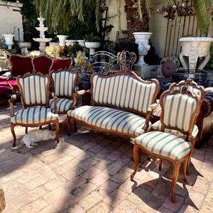 Antique Carved Walnut Saloon Set with Striped Upholstery