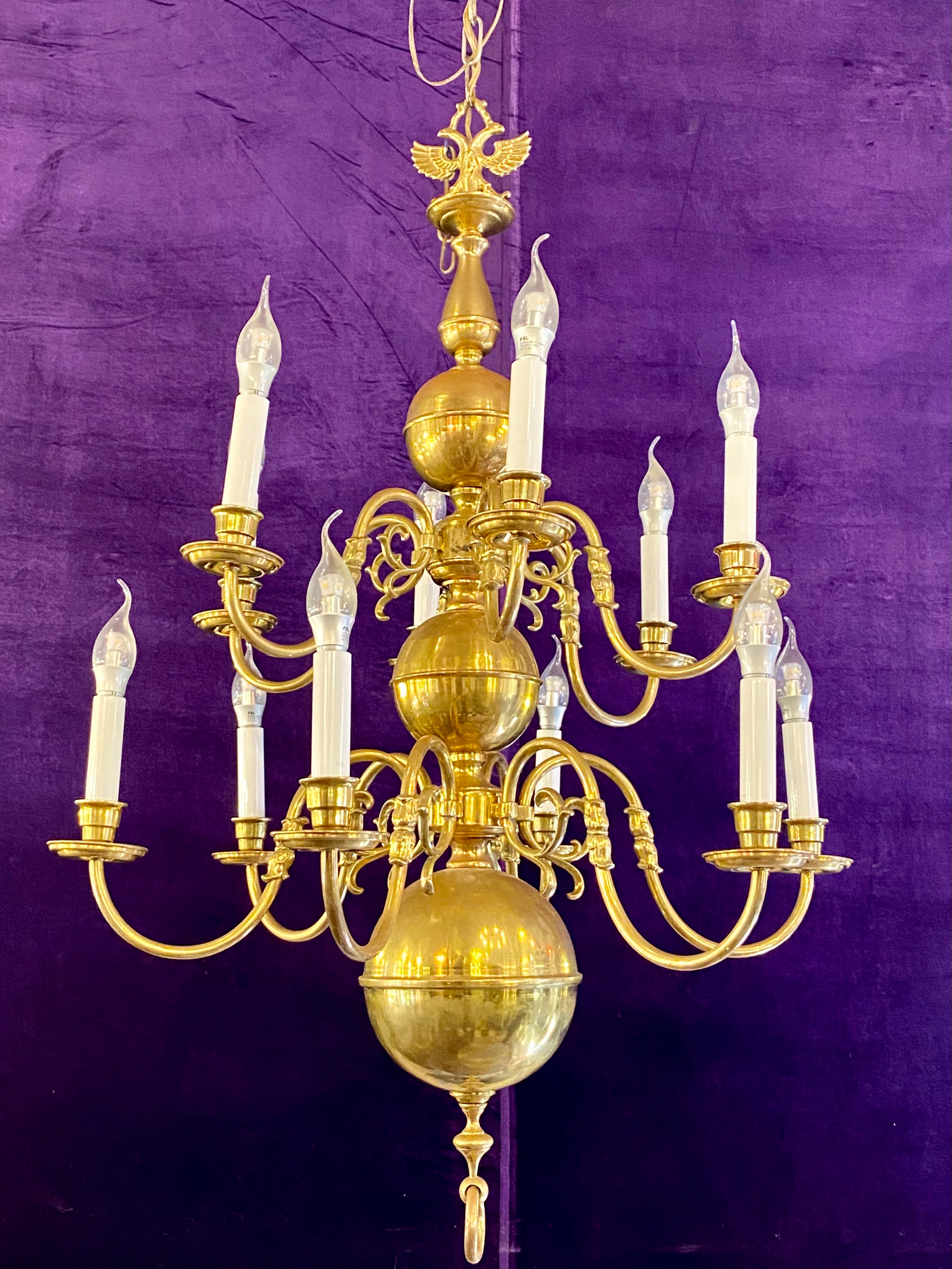 An Antique Polished Brass Double Tier Chandelier - SOLD