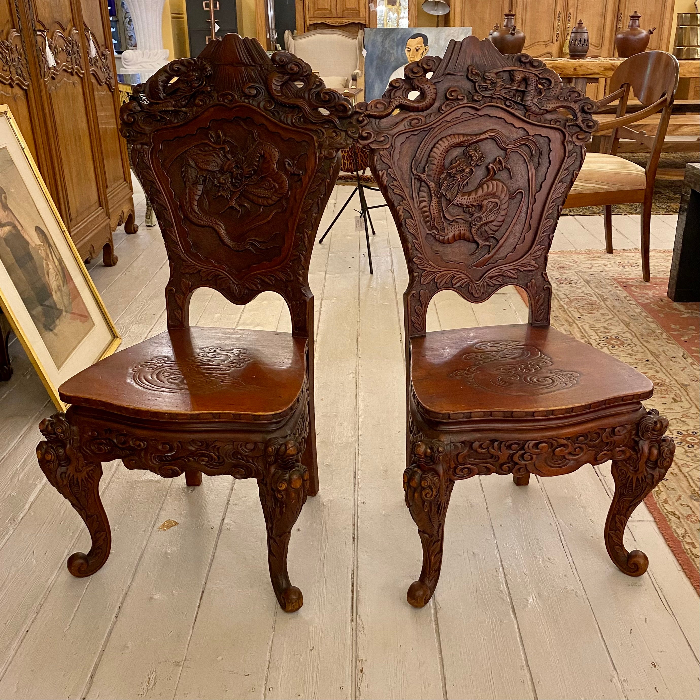 Pair of Antique Hand Carved Asian Chairs - SOLD