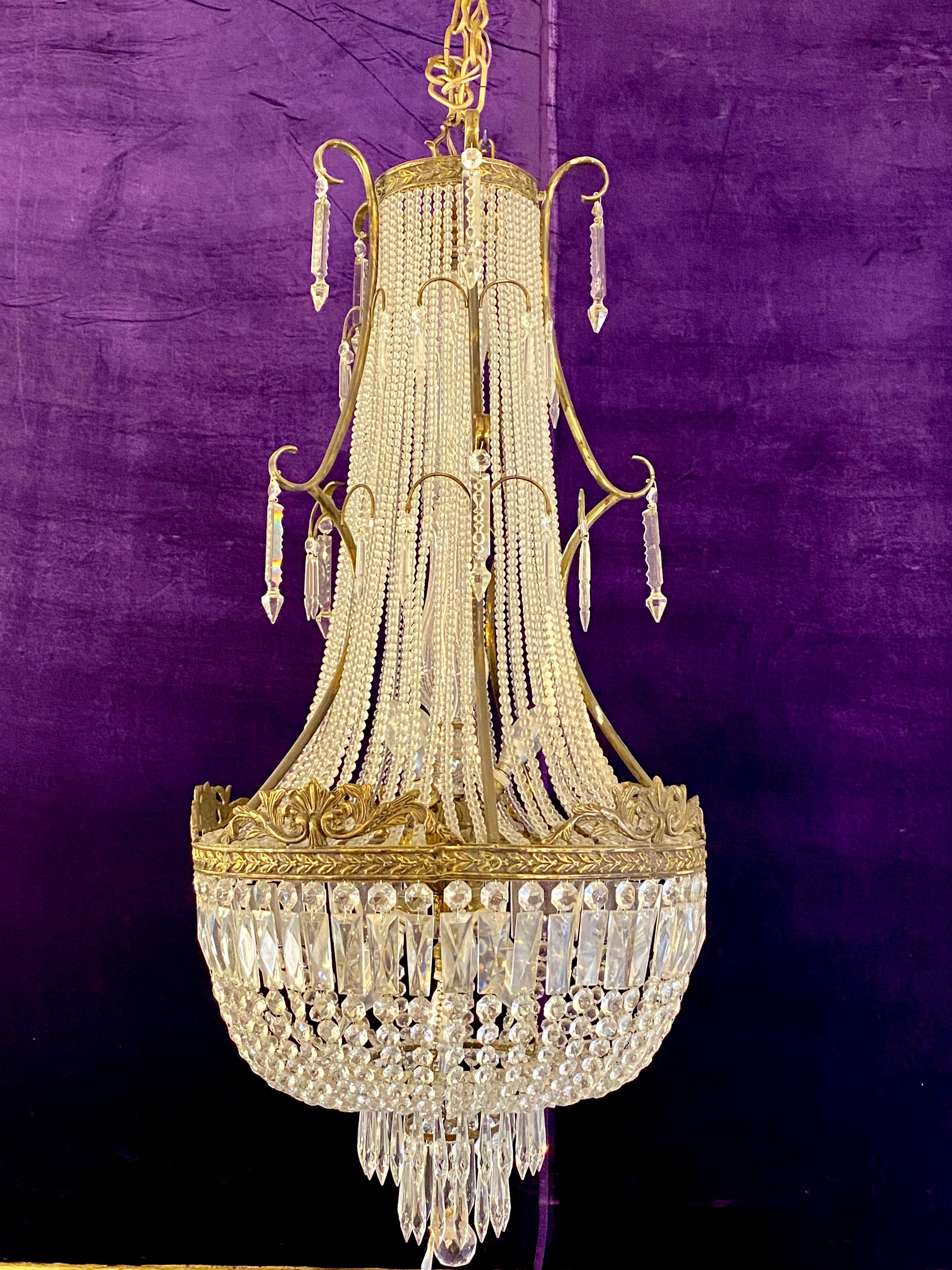 Aged Brass and Crystal Neoclassical Chandelier - SOLD