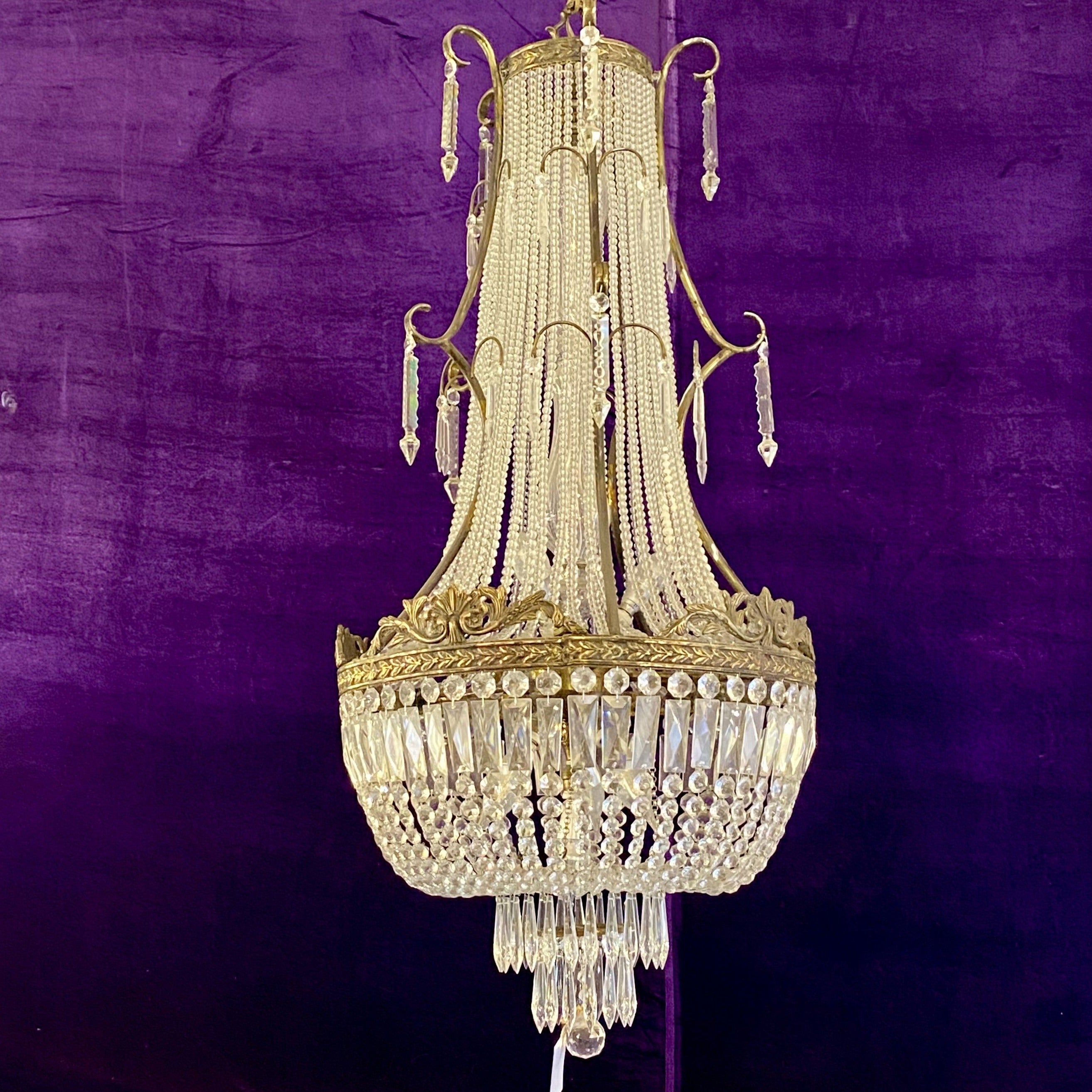 Aged Brass and Crystal Neoclassical Chandelier - SOLD