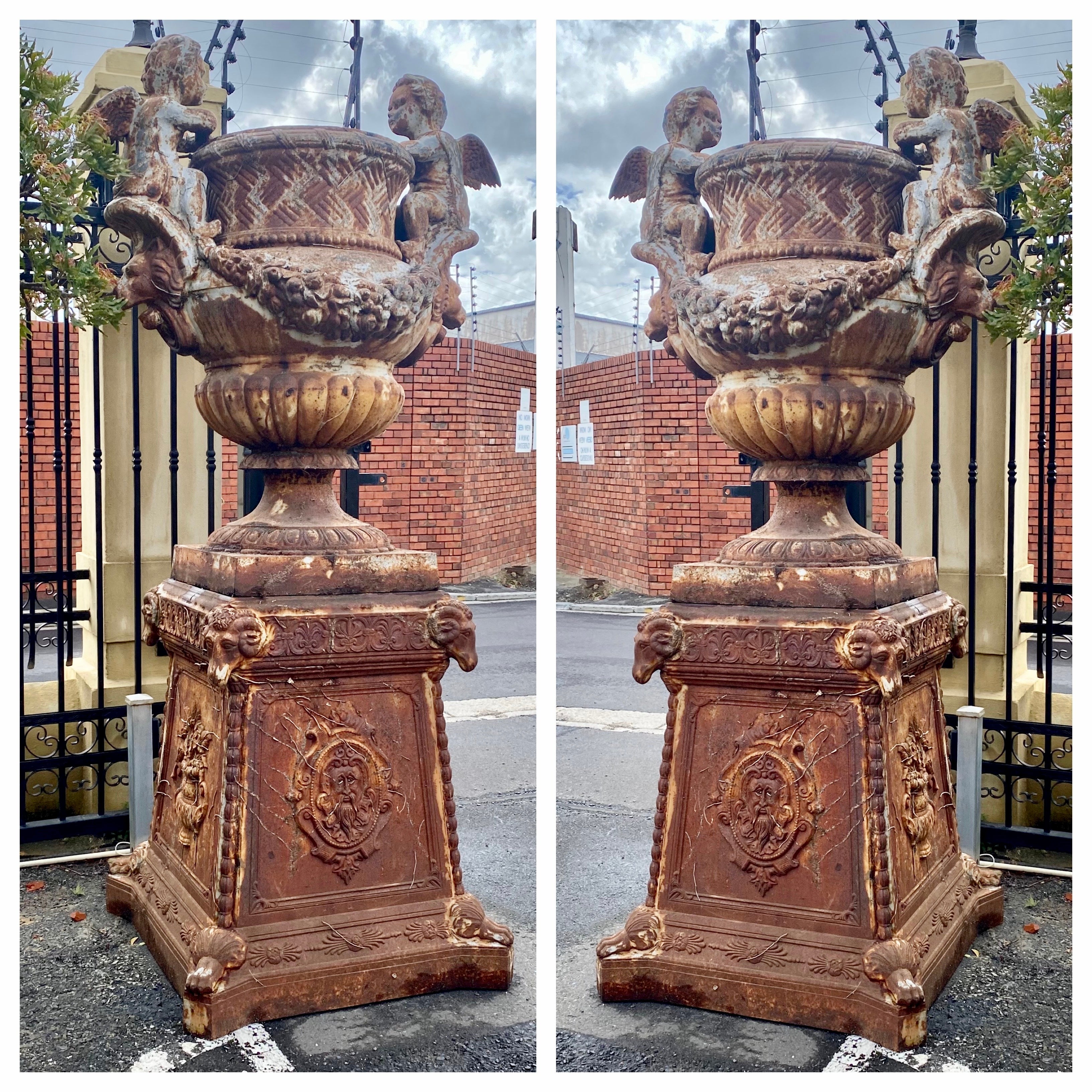 Pair of Magnificent Antique Cast Iron Urns with Plinths - SOLD