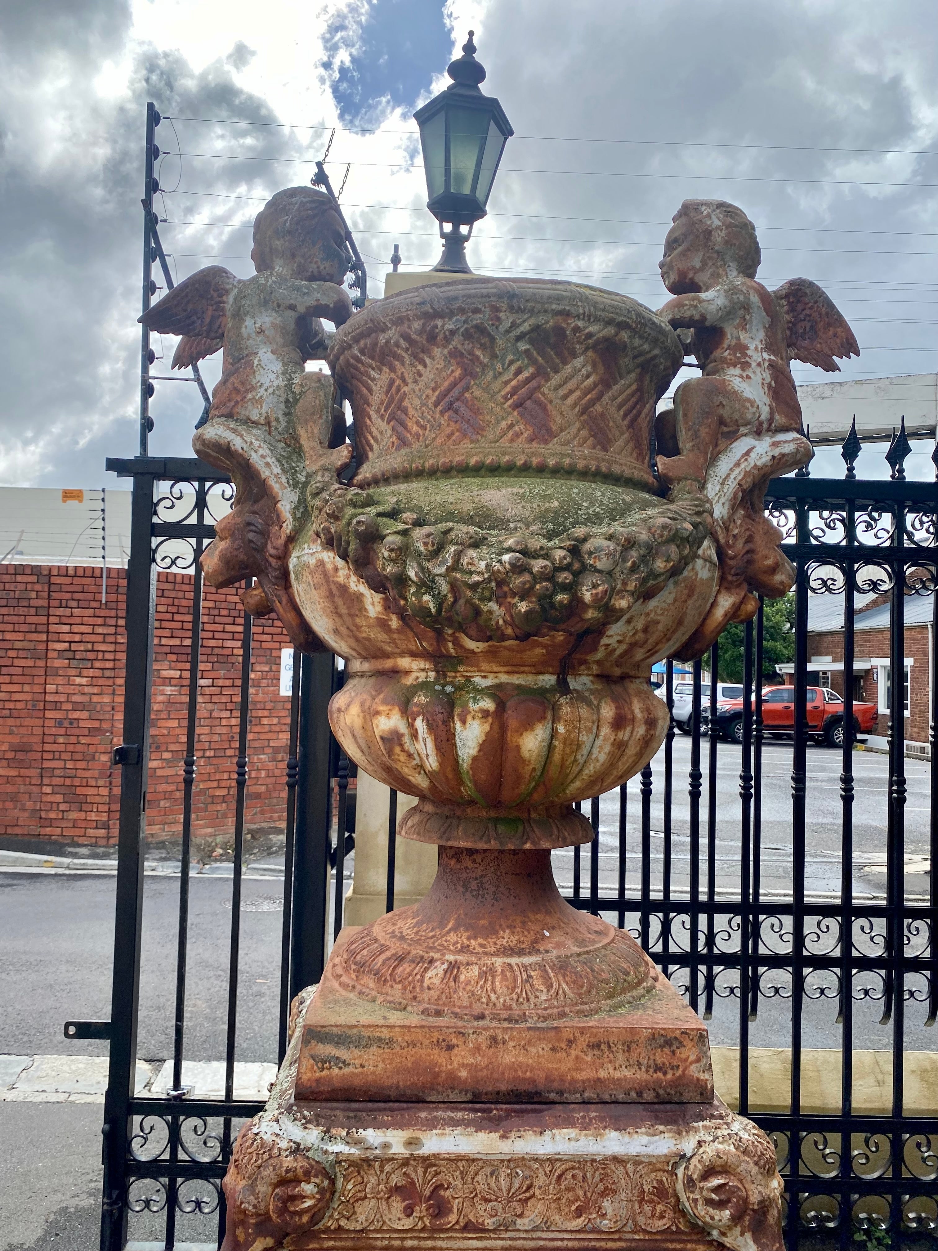 Pair of Magnificent Antique Cast Iron Urns with Plinths - SOLD