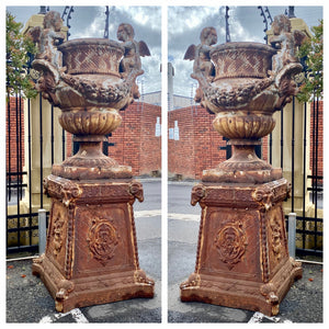 Pair of Magnificent Antique Cast Iron Urns with Plinths - SOLD