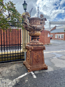 Pair of Magnificent Antique Cast Iron Urns with Plinths - SOLD