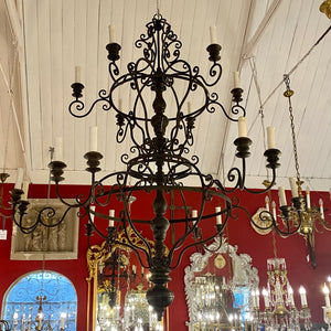 Extremely Large Wrought Iron and Dark Wood Chandelier - SOLD