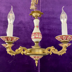 Antique Porcelain Chandelier with Burgundy Details- SOLD