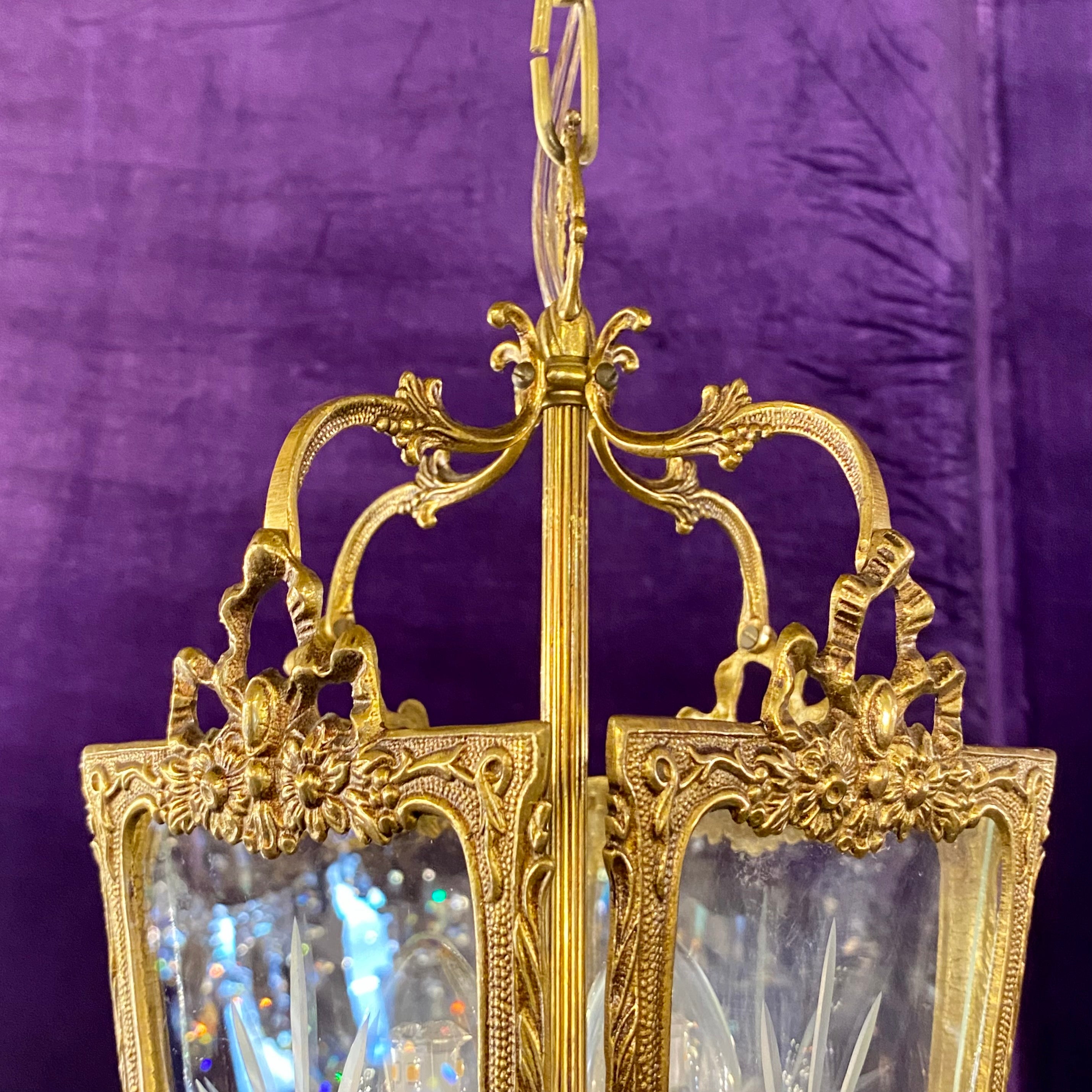 Antique Four Pane Cast Brass Lantern with Etched Glass - SOLD