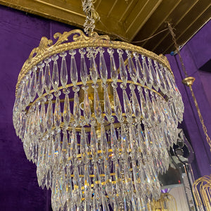 Brass and Crystal Waterfall Chandelier - SOLD