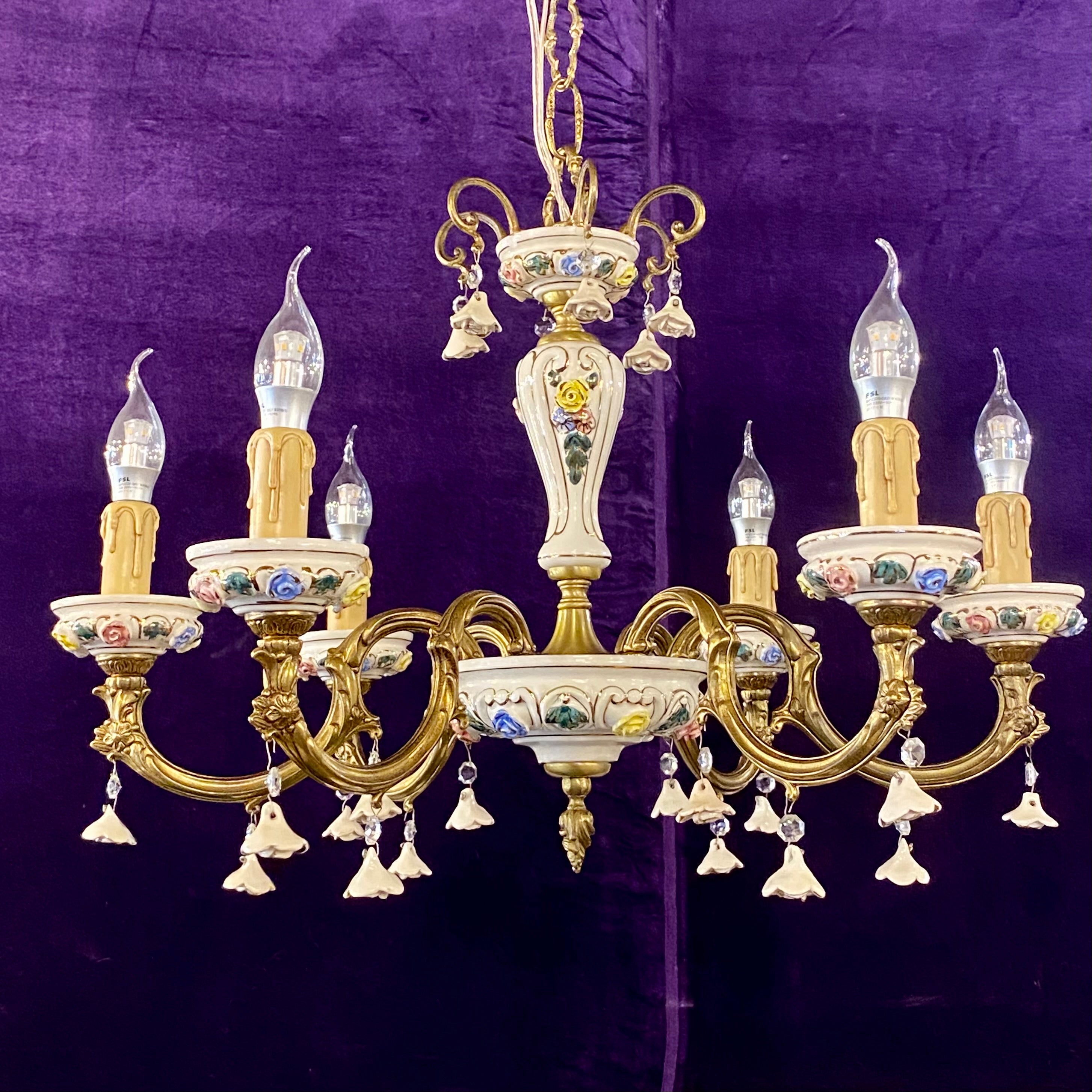 Elegant Vintage Capodimonte Chandelier with Gilt Brass Frame