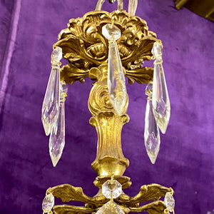 Delicate Antique French Cast Brass & Crystal Chandelier