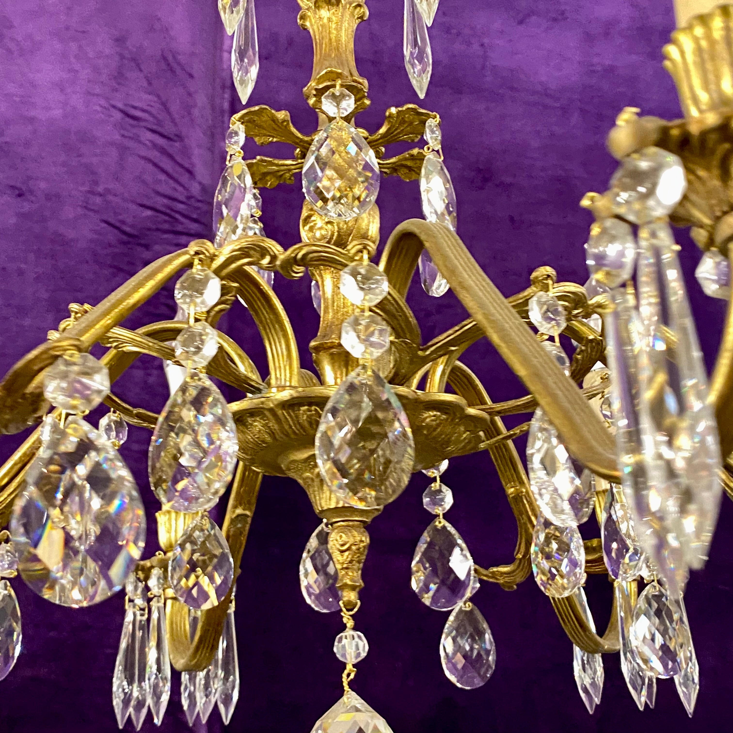 Delicate Antique French Cast Brass & Crystal Chandelier