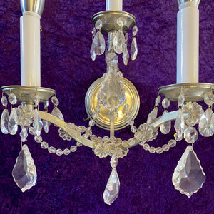 Pair Three Arm Antique Silver and Crystal Wall Sconces - SOLD