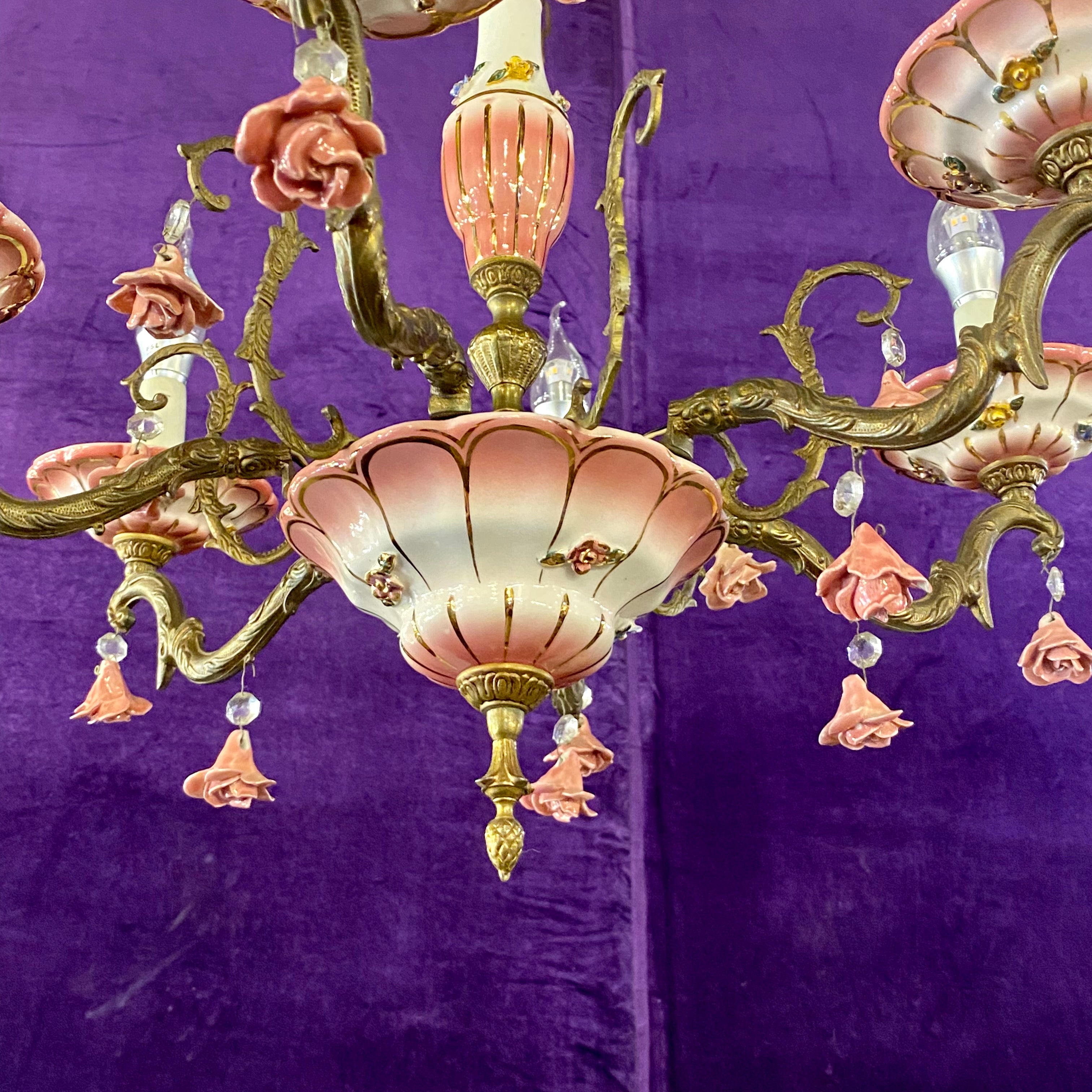 Exquisite Gold & Pink Capodimonte Porcelain Chandelier