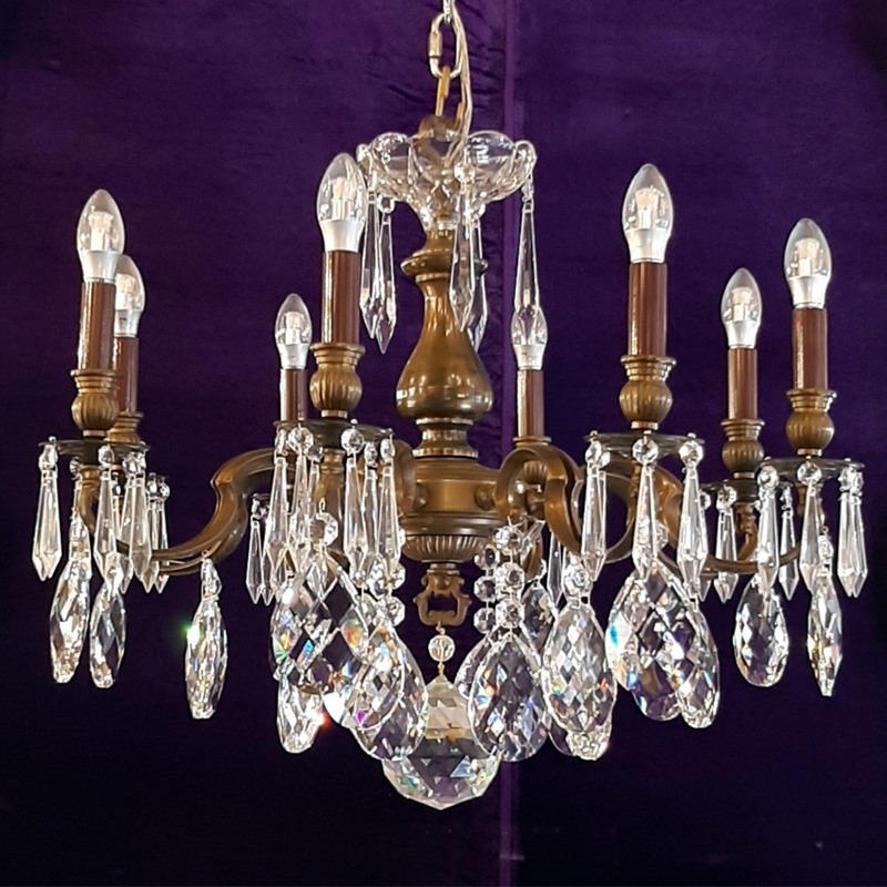 Heavy Aged Brass Chandelier with Crystals - SOLD