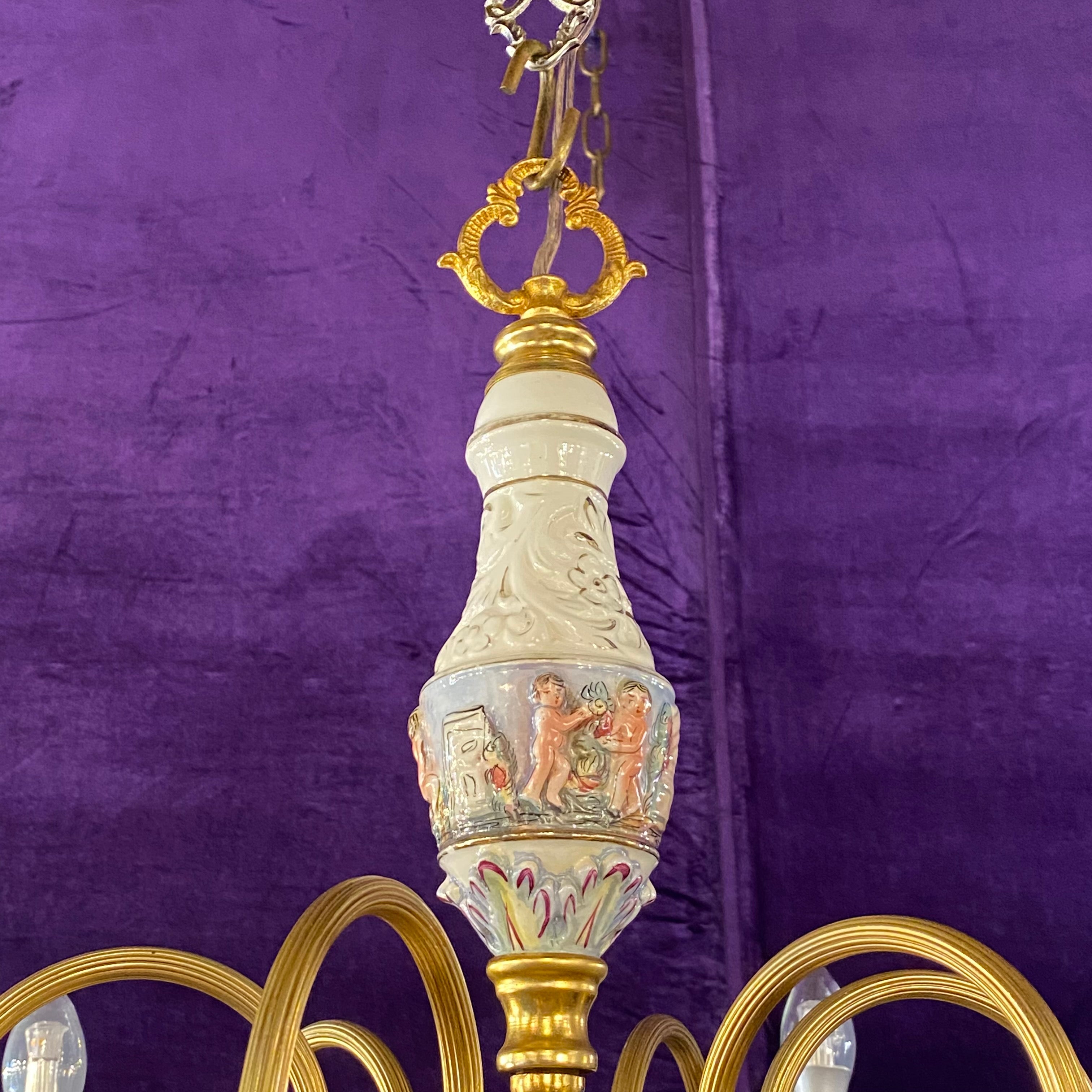 Unusual Porcelain Chandelier with Hand Painted Cherubs