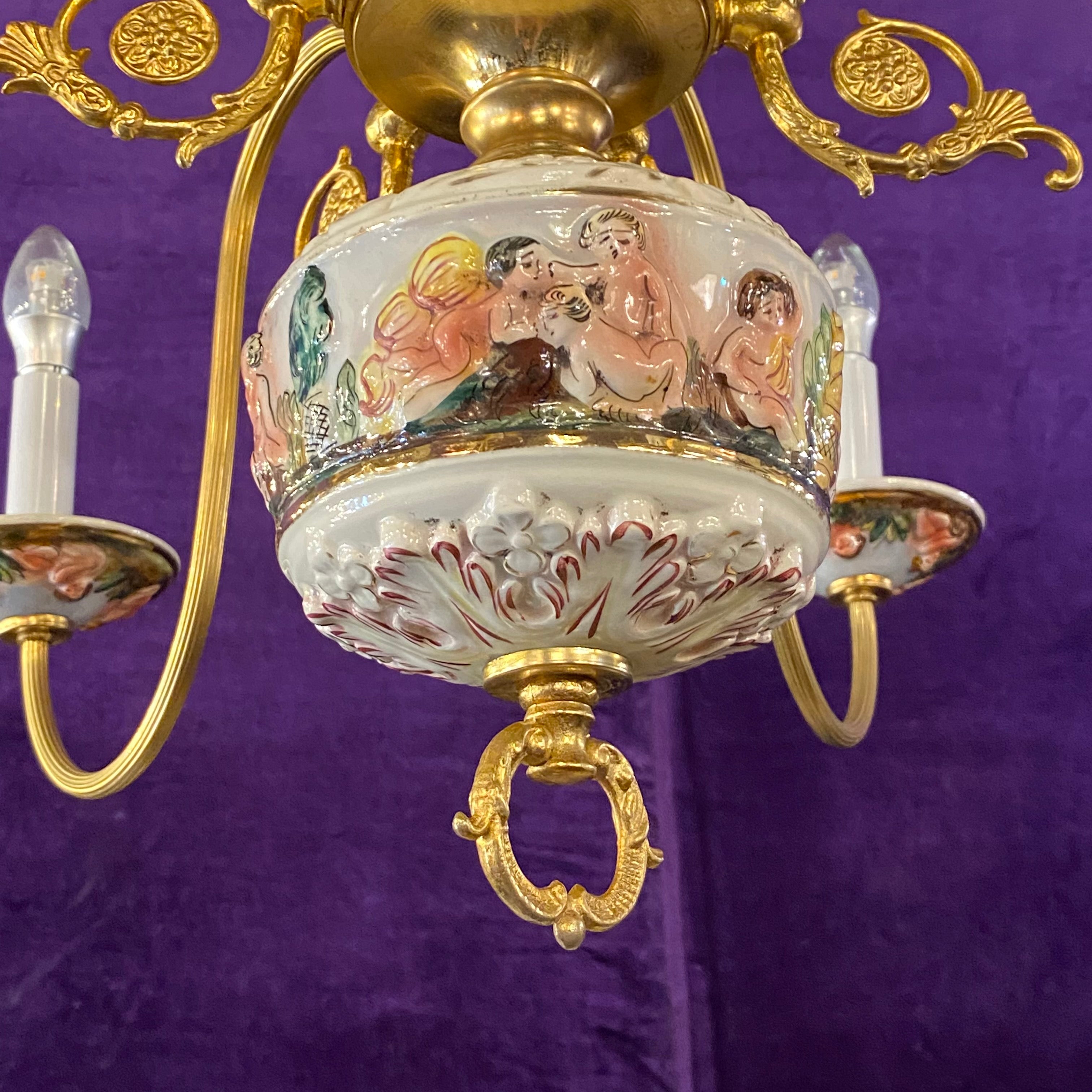 Unusual Porcelain Chandelier with Hand Painted Cherubs