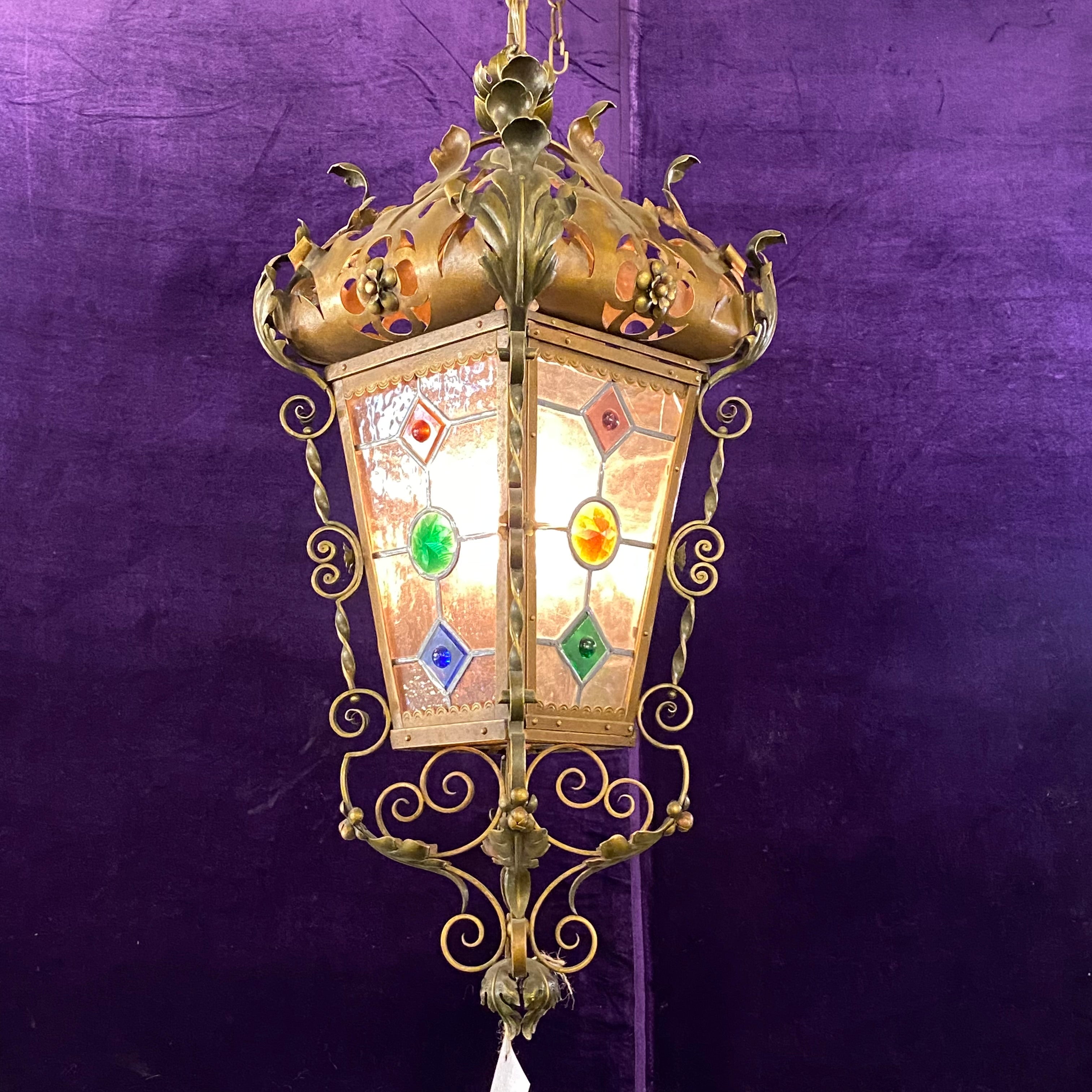 Antique Lantern with Lead Paned Glass - SOLD