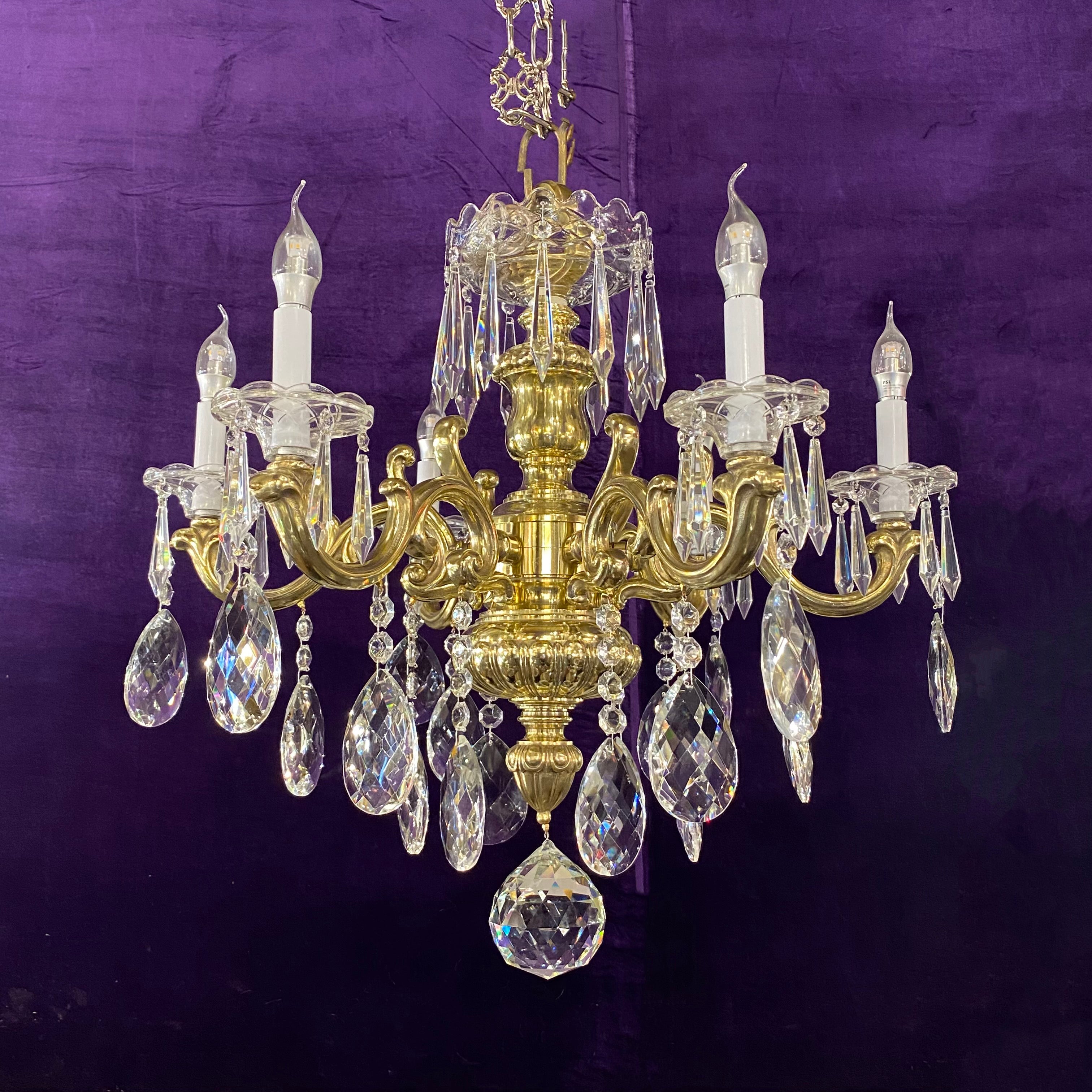 Heavy Polished Brass  Crystal Chandelier - SOLD