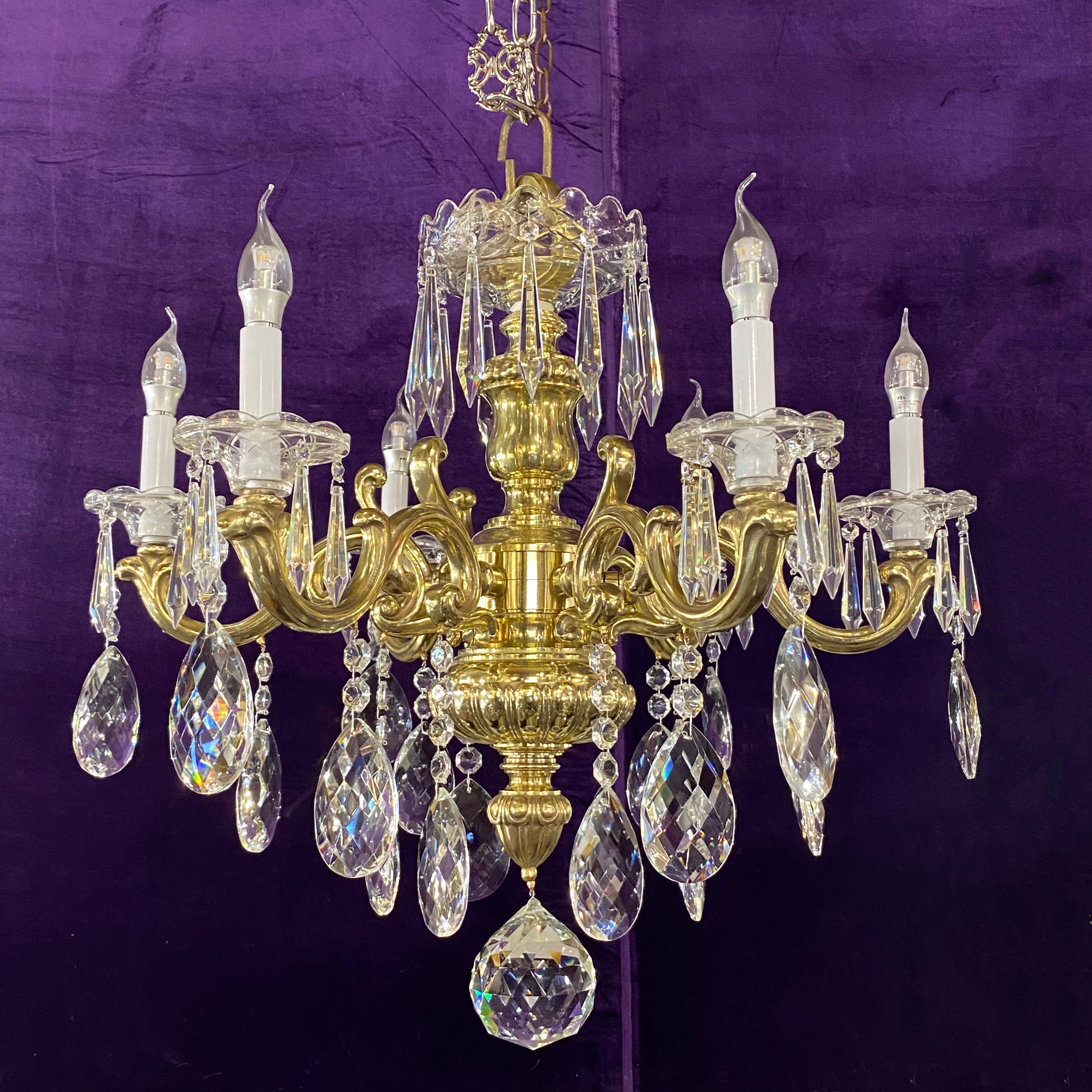 Heavy Polished Brass  Crystal Chandelier - SOLD