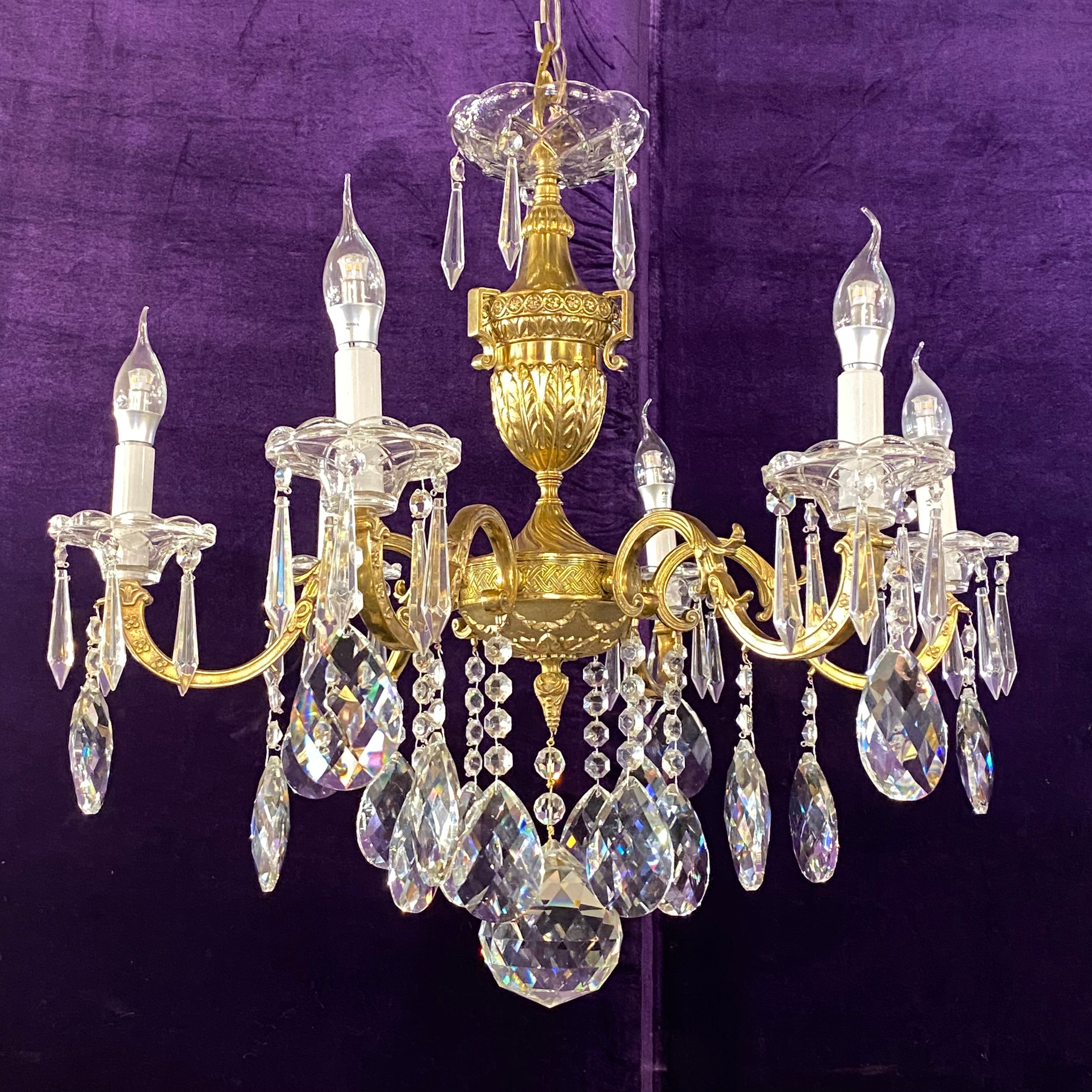 Antique Polished Brass Chandelier with Empire Style Details - SOLD