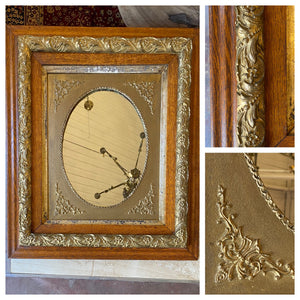 Antique Beveled Mirror with a Brass & Oak Frame