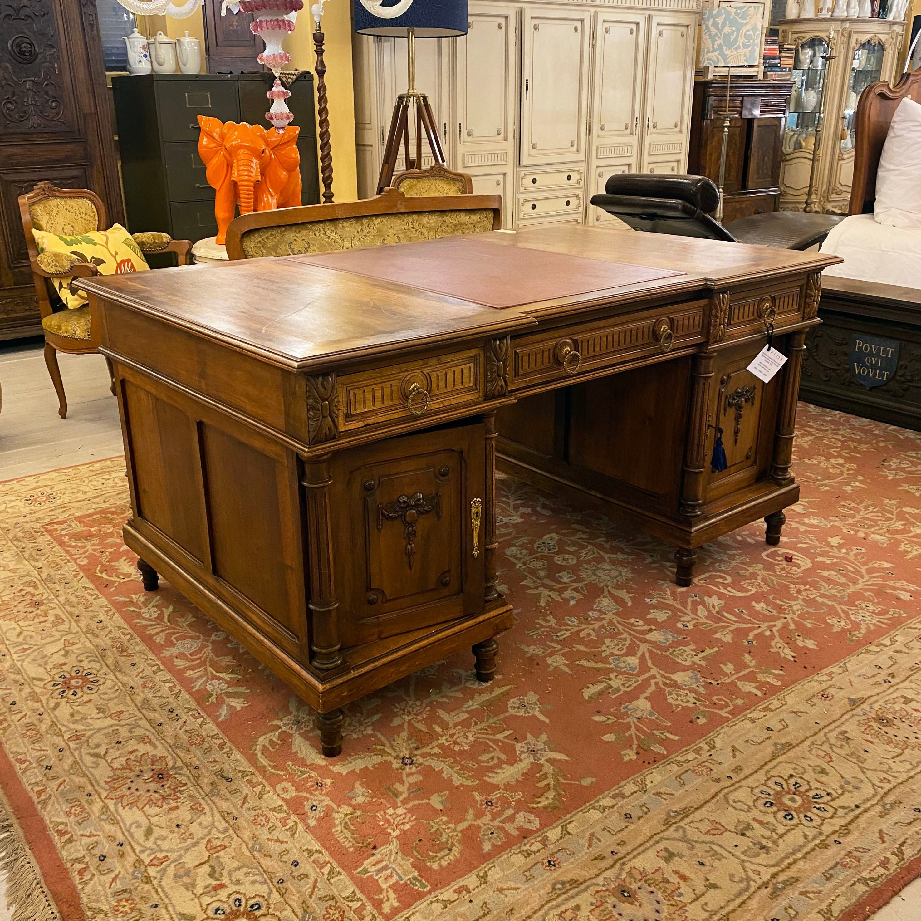 Antique Edwardian Walnut Partner's Desk with Tooled Leather Top - SOLD