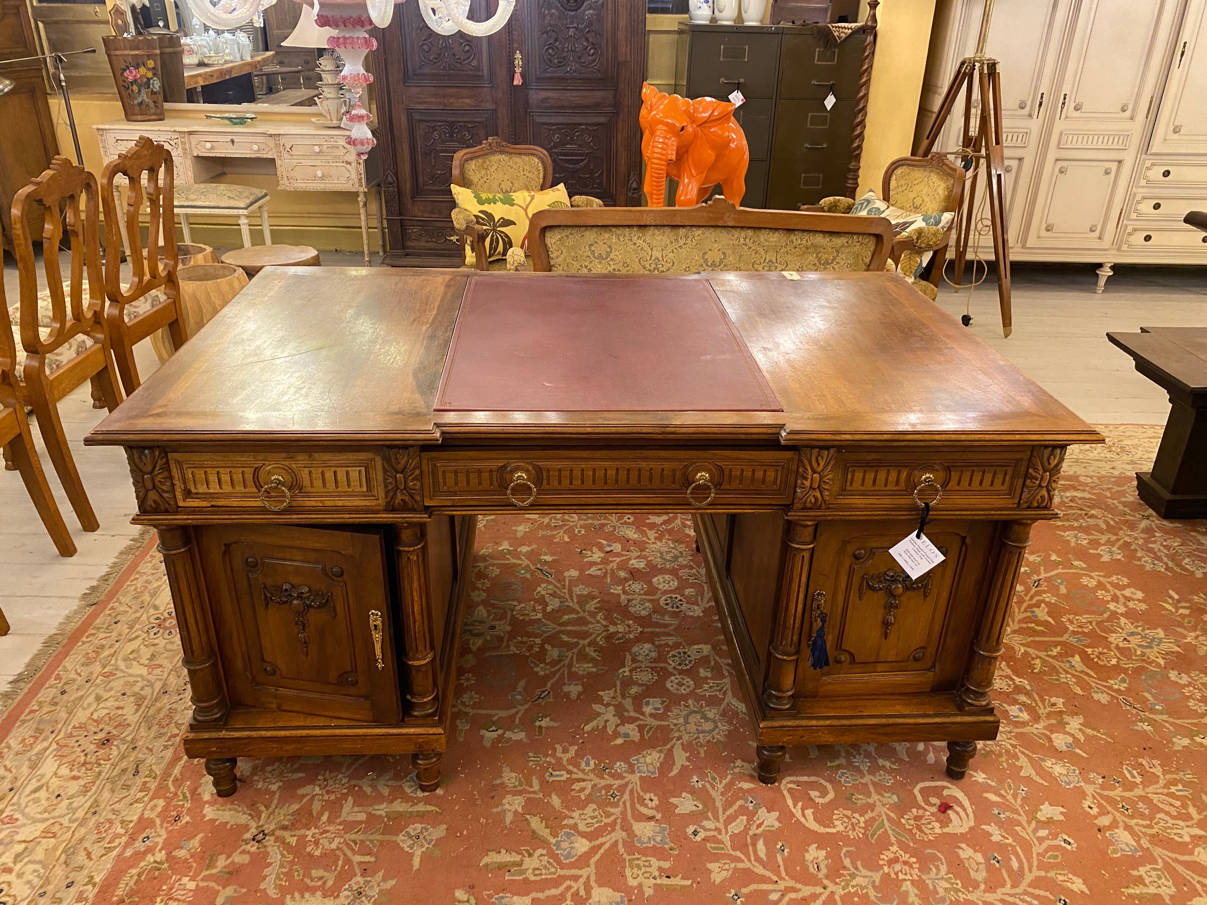 Antique Edwardian Walnut Partner's Desk with Tooled Leather Top - SOLD