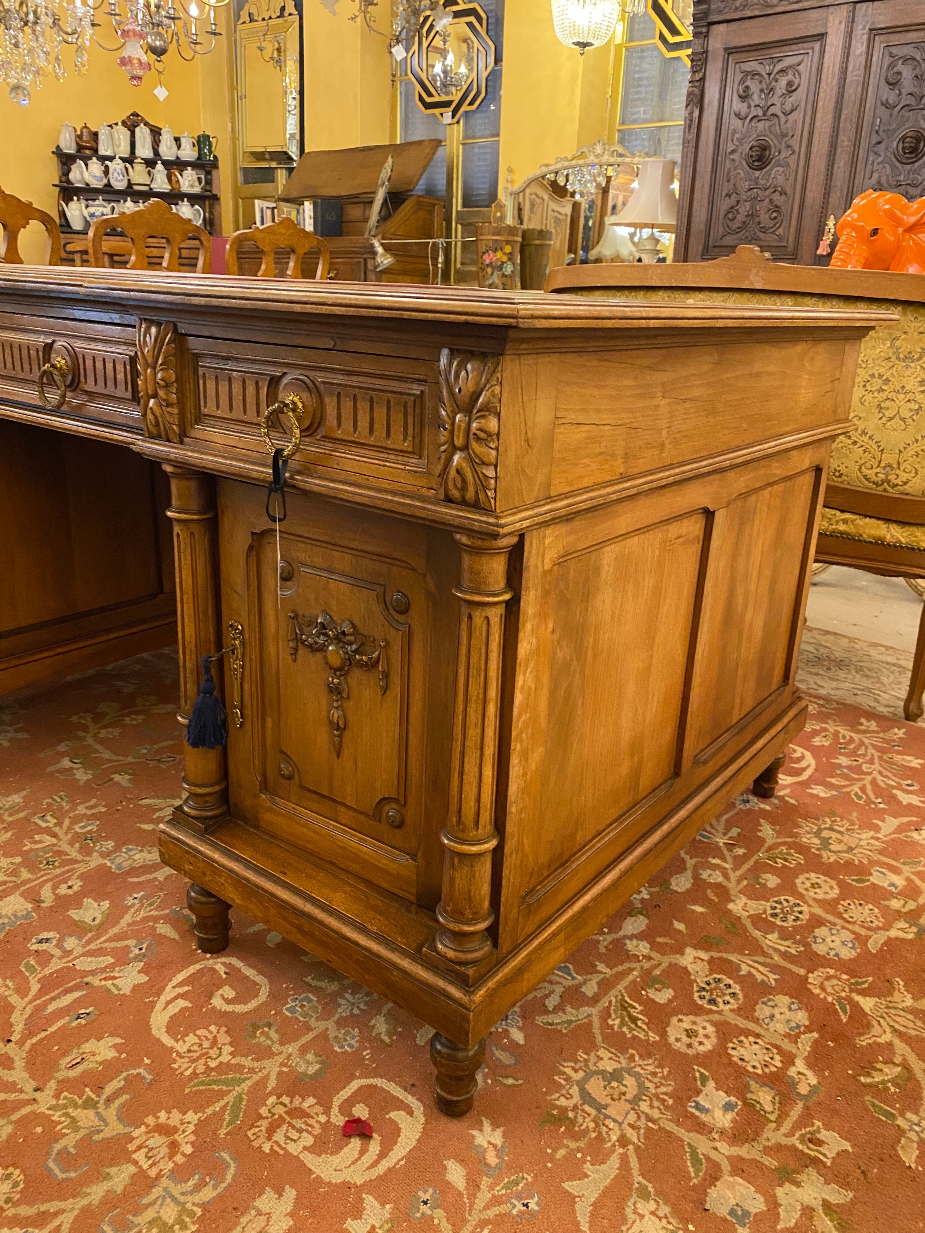 Antique Edwardian Walnut Partner's Desk with Tooled Leather Top - SOLD