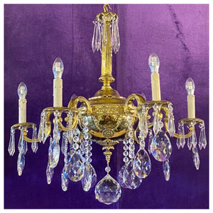 Very Heavy Antique Brass Chandelier with Crystals - SOLD