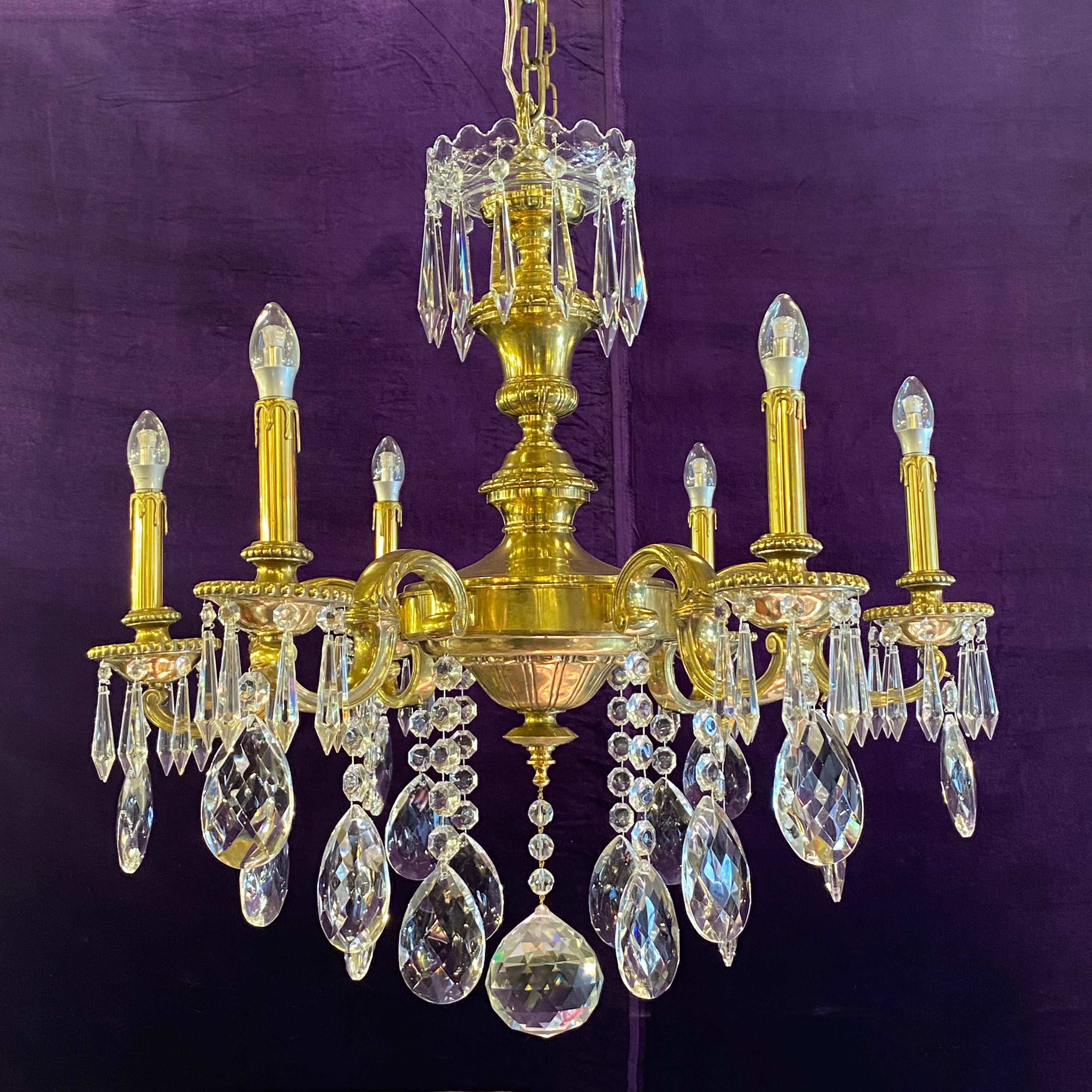 Heavy Antique Cast Brass Chandelier with Large Teardrop Crystals