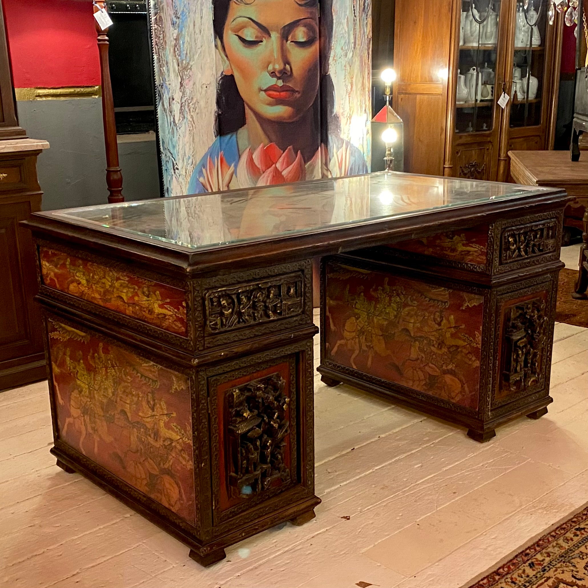 Carved Wood Indonesian Partners Desk with Beveled Glass Top - SOLD