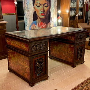 Carved Wood Indonesian Partners Desk with Beveled Glass Top - SOLD