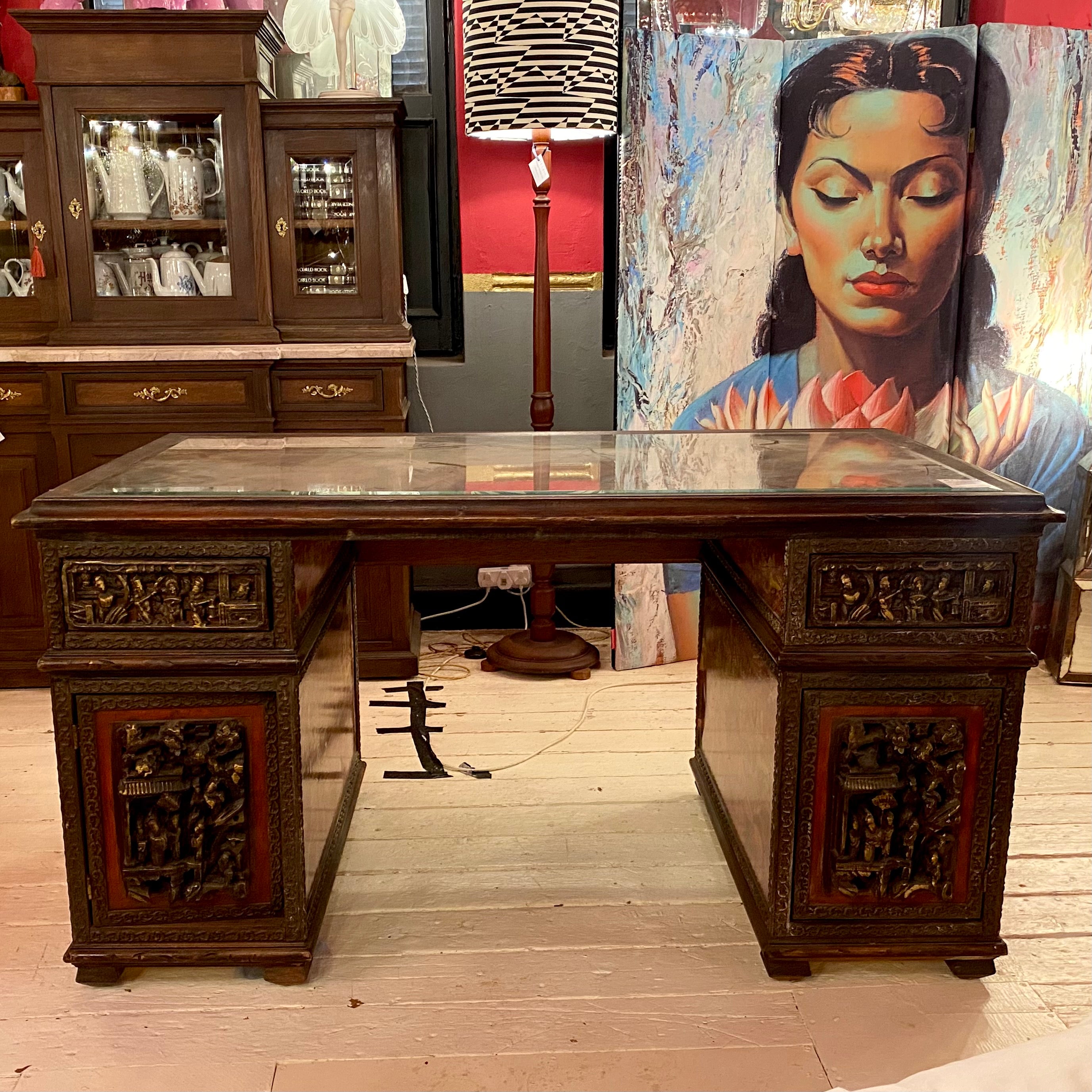 Carved Wood Indonesian Partners Desk with Beveled Glass Top - SOLD