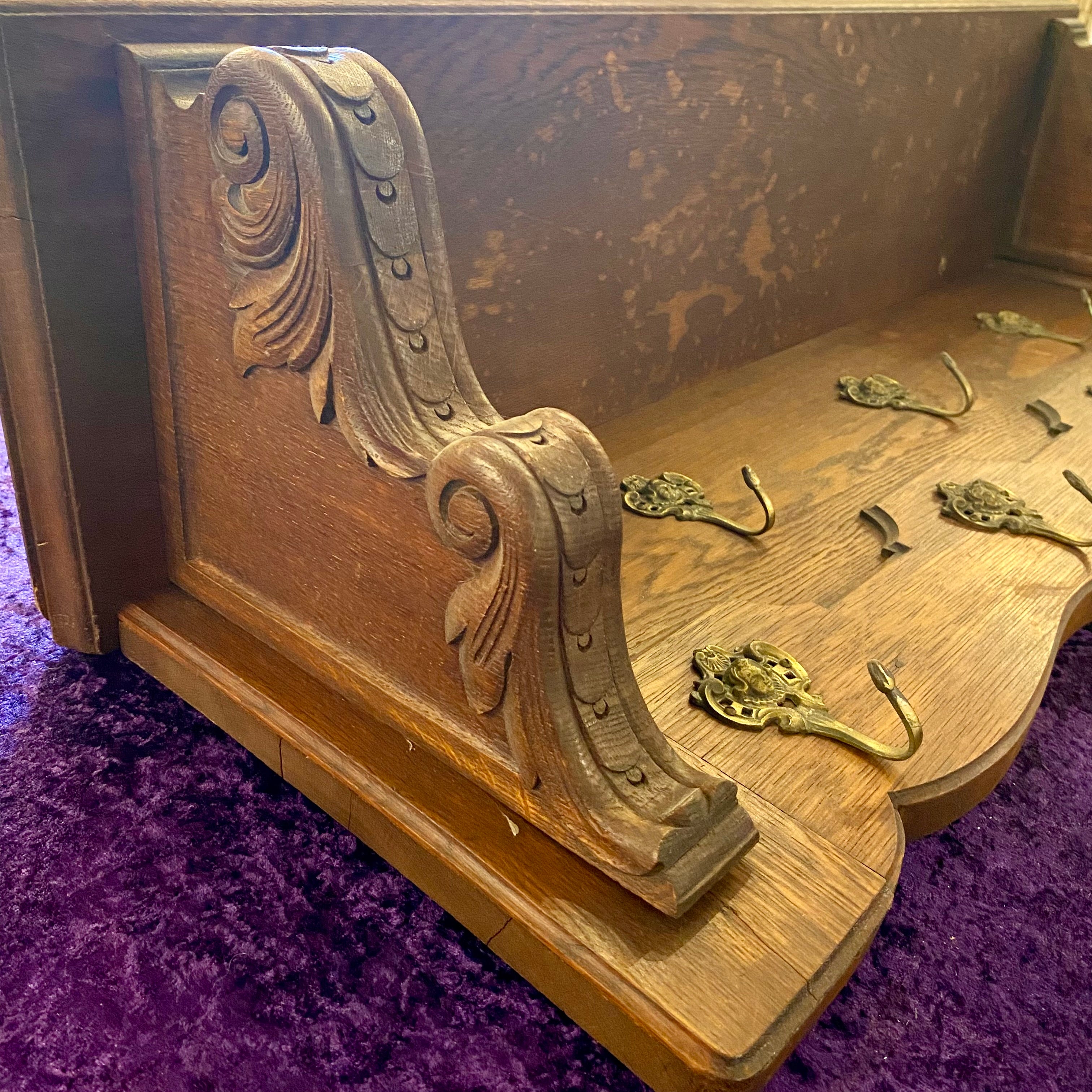 Antique Oak Coat Rack with Brass Hooks