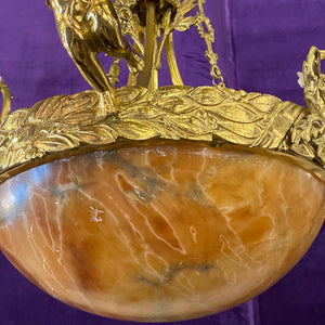 Stunning Antique Cast Brass & Onyx Chandelier with Amber Glass Shades